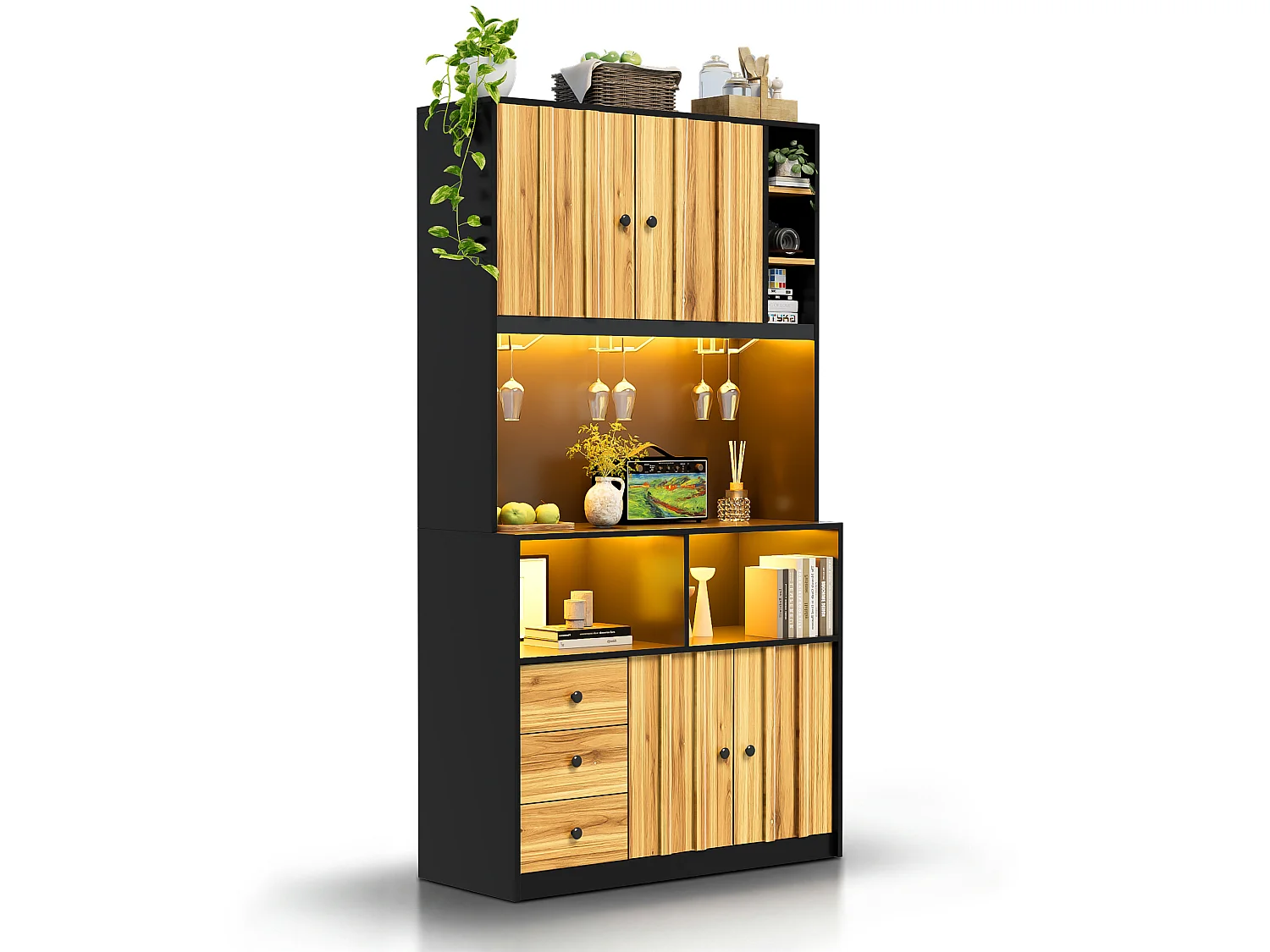 Buffet de cuisine 100x40x180 cm avec LED, prises USB, 3 tiroirs et 4 portes - Bois et Noir