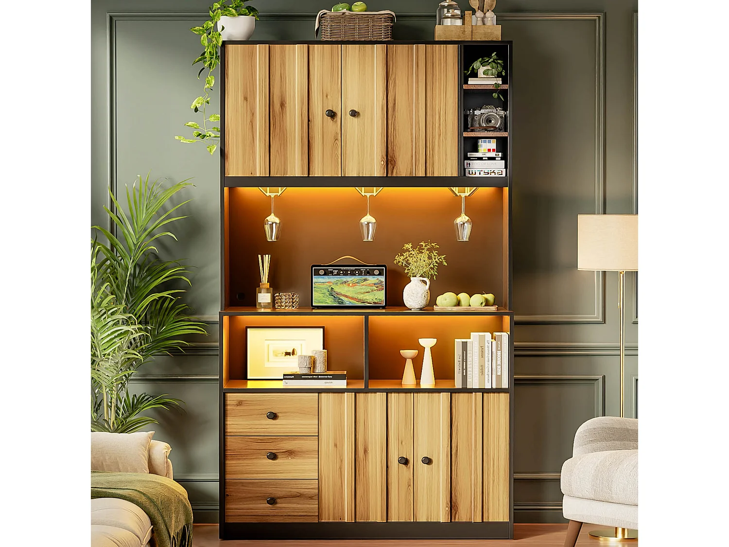 Buffet de cuisine 100x40x180 cm avec LED, prises USB, 3 tiroirs et 4 portes - Bois et Noir