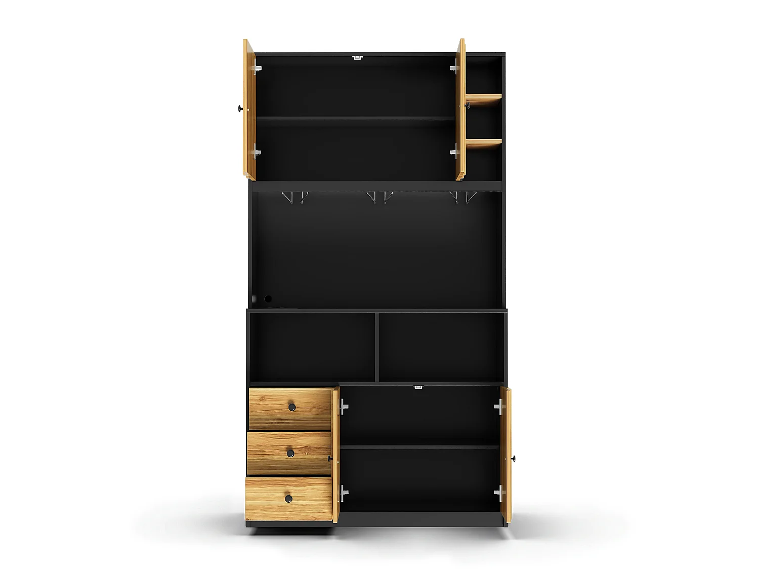 Buffet de cuisine 100x40x180 cm avec LED, prises USB, 3 tiroirs et 4 portes - Bois et Noir