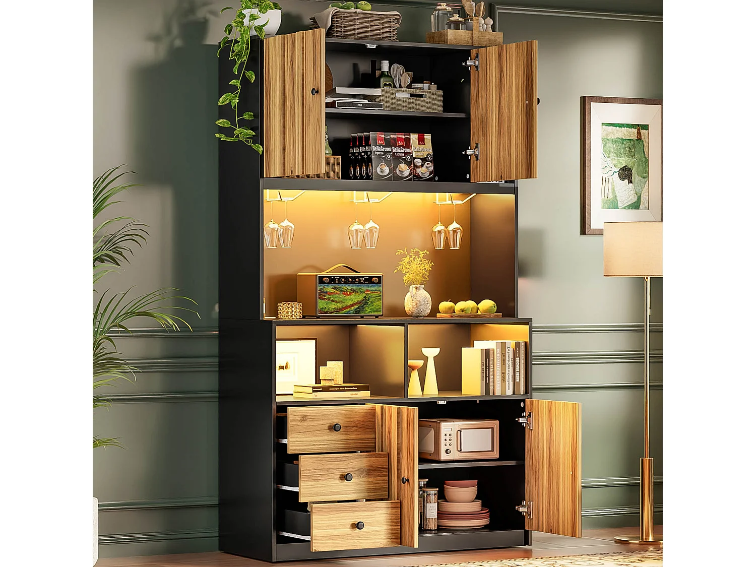 Buffet de cuisine 100x40x180 cm avec LED, prises USB, 3 tiroirs et 4 portes - Bois et Noir