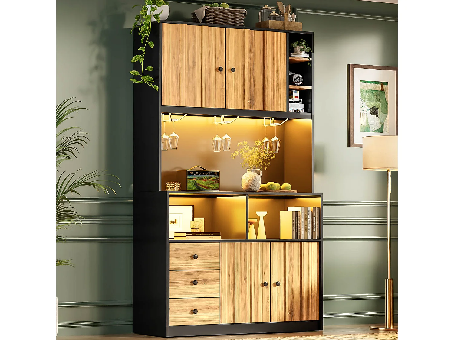 Buffet de cuisine 100x40x180 cm avec LED, prises USB, 3 tiroirs et 4 portes - Bois et Noir