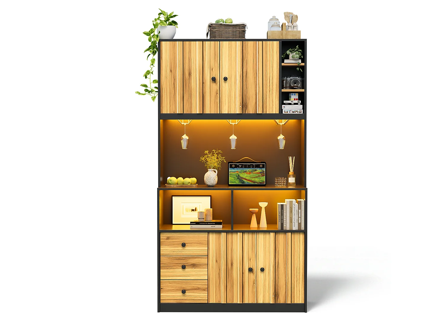 Buffet de cuisine 100x40x180 cm avec LED, prises USB, 3 tiroirs et 4 portes - Bois et Noir
