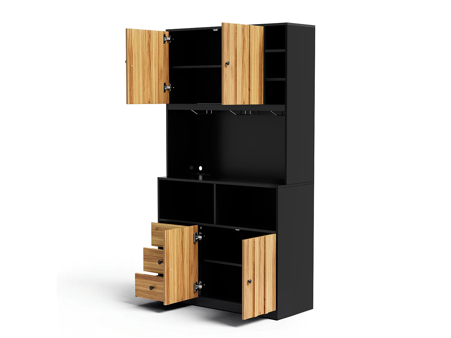 Buffet de cuisine 100x40x180 cm avec LED, prises USB, 3 tiroirs et 4 portes - Bois et Noir