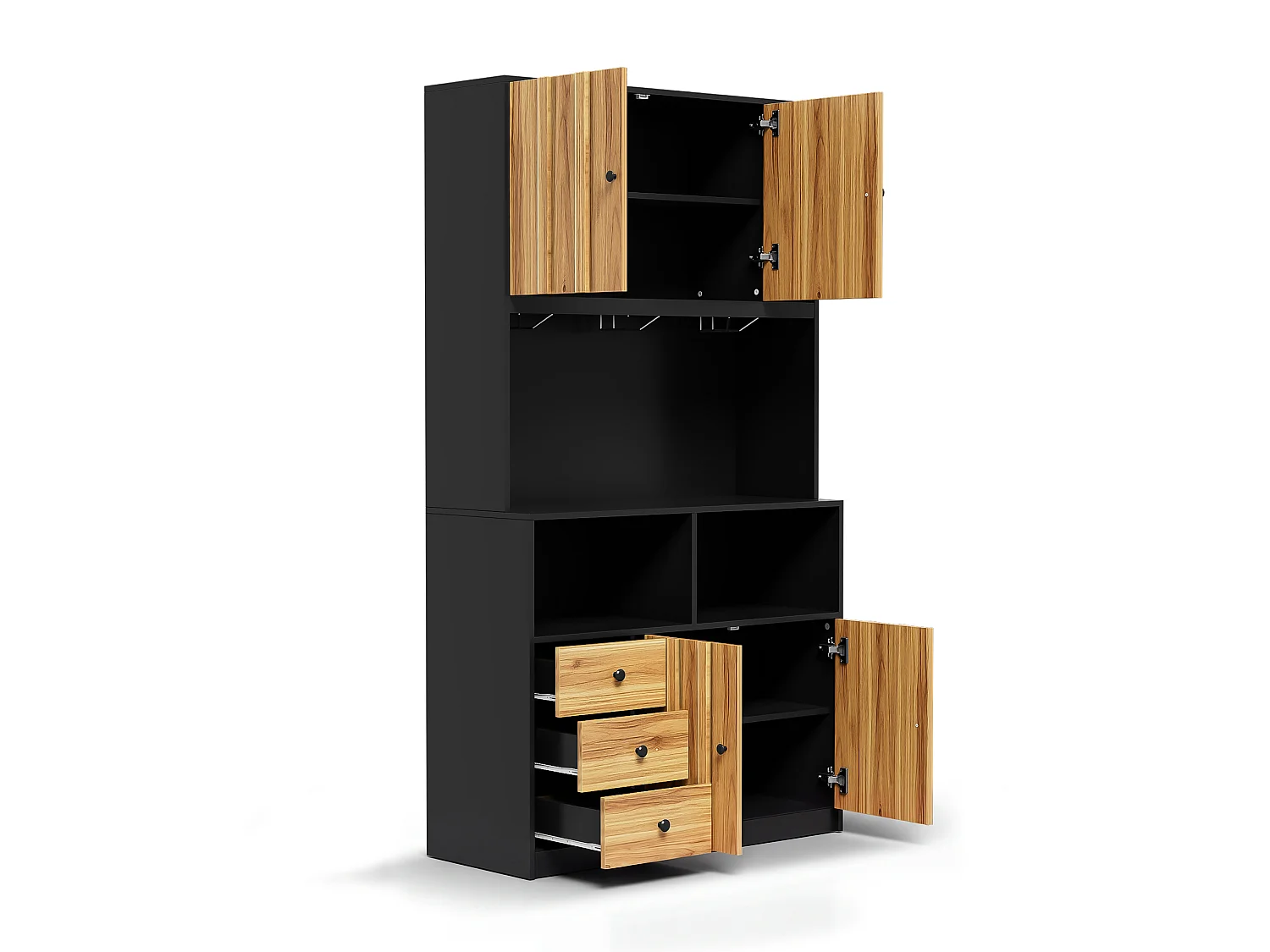 Buffet de cuisine 100x40x180 cm avec LED, prises USB, 3 tiroirs et 4 portes - Bois et Noir