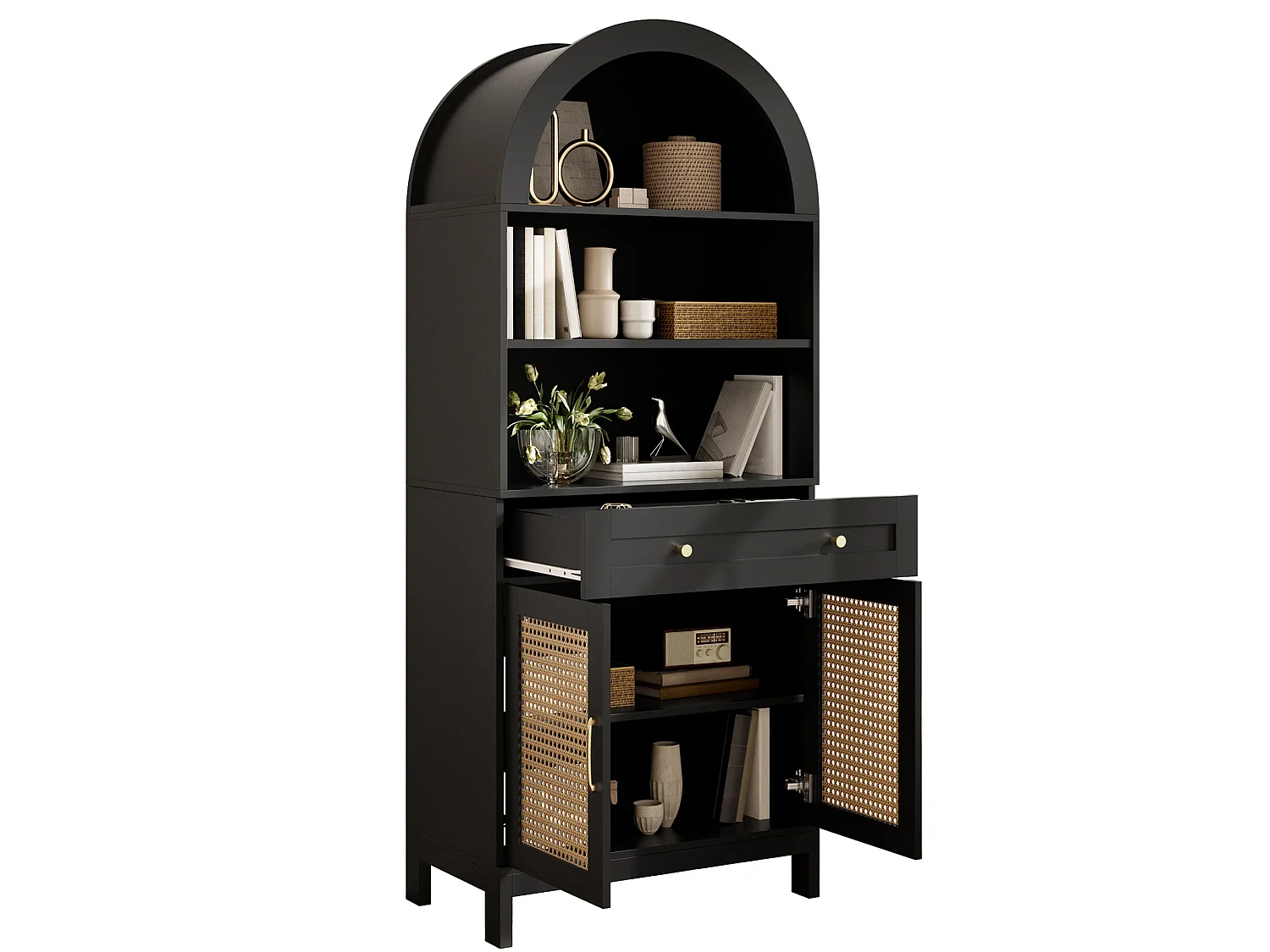 Buffet de cuisine larqué avec niches ouvertes, tiroir et 2 portes - Noir