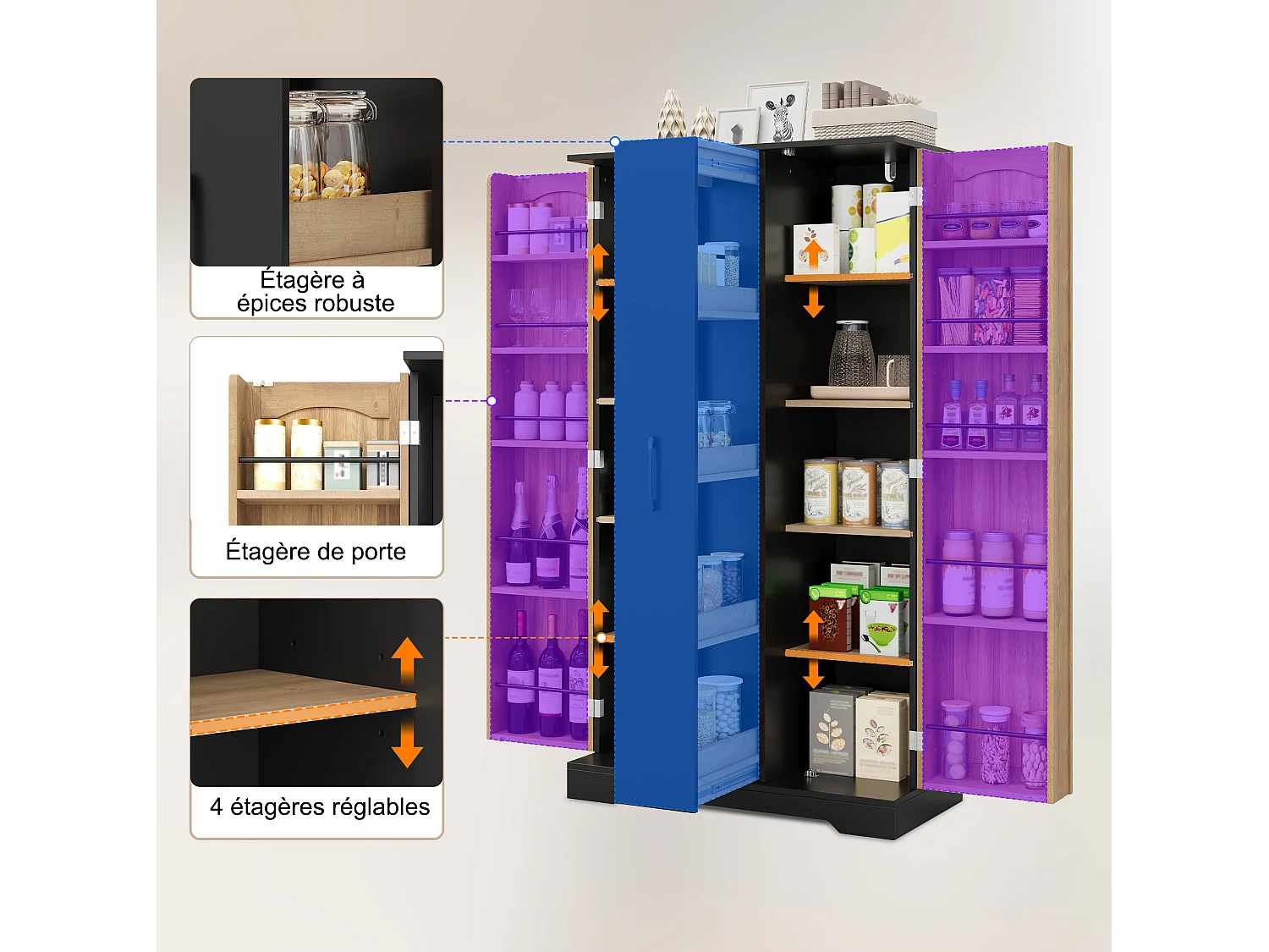 Meuble de cuisine 78 cm avec étagère et tiroir à 4 niveaux – Noir