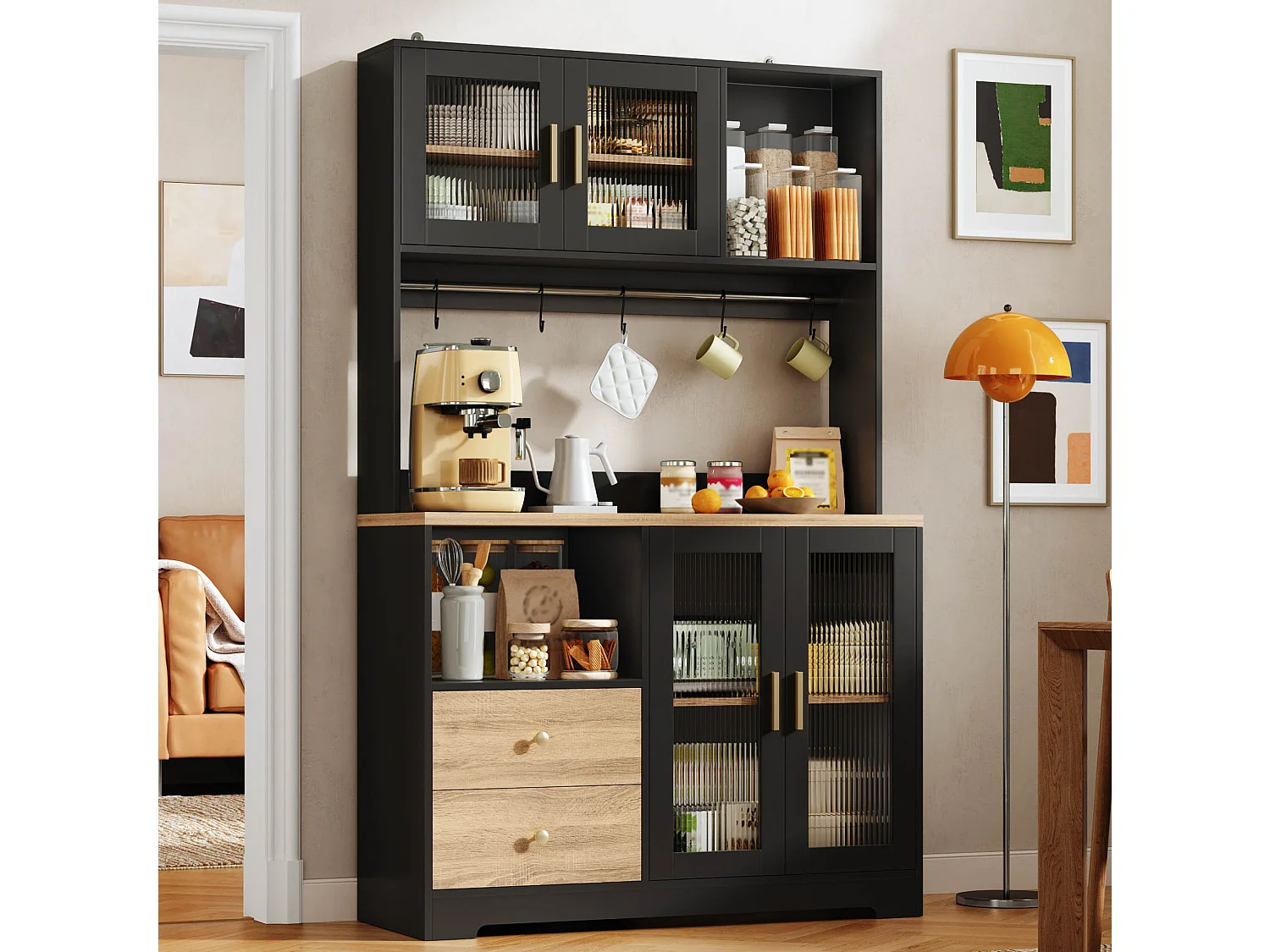 Buffet de cuisine noir et bois avec LED, USB, 2 tiroirs et 4 portes en verre