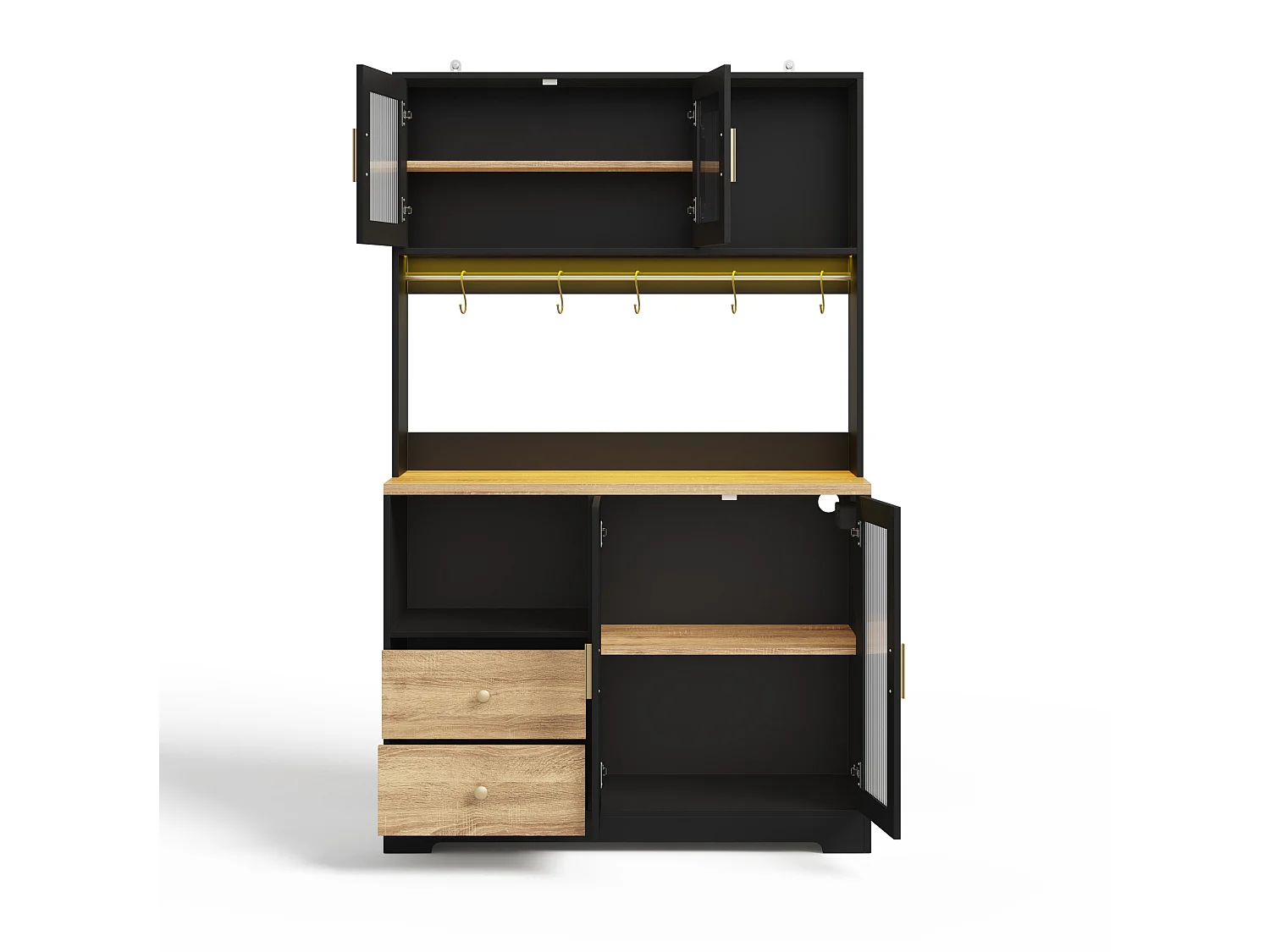 Buffet de cuisine noir et bois avec LED, USB, 2 tiroirs et 4 portes en verre