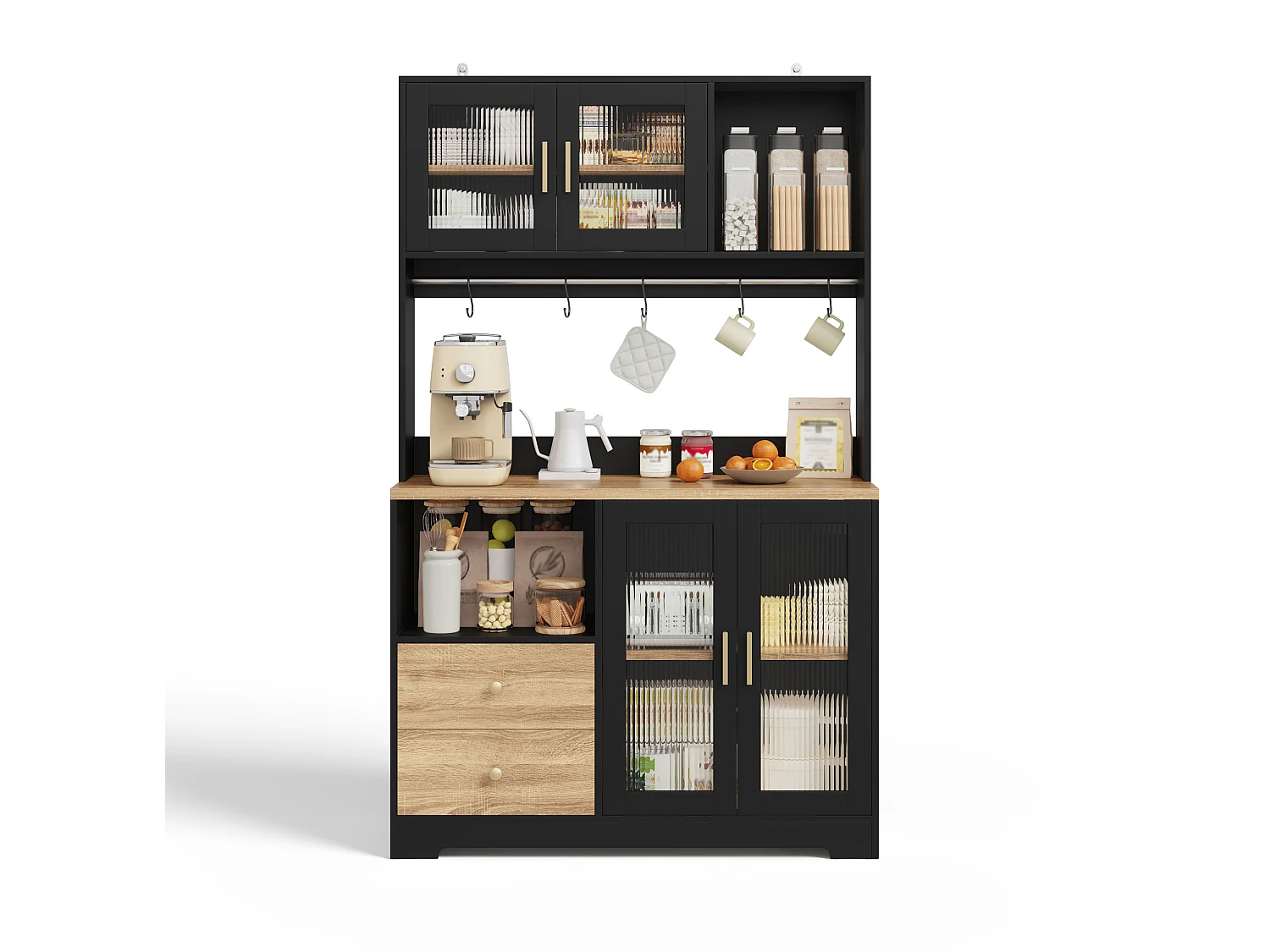 Buffet de cuisine noir et bois avec LED, USB, 2 tiroirs et 4 portes en verre