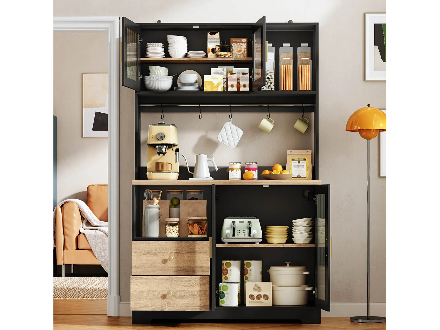 Buffet de cuisine noir et bois avec LED, USB, 2 tiroirs et 4 portes en verre