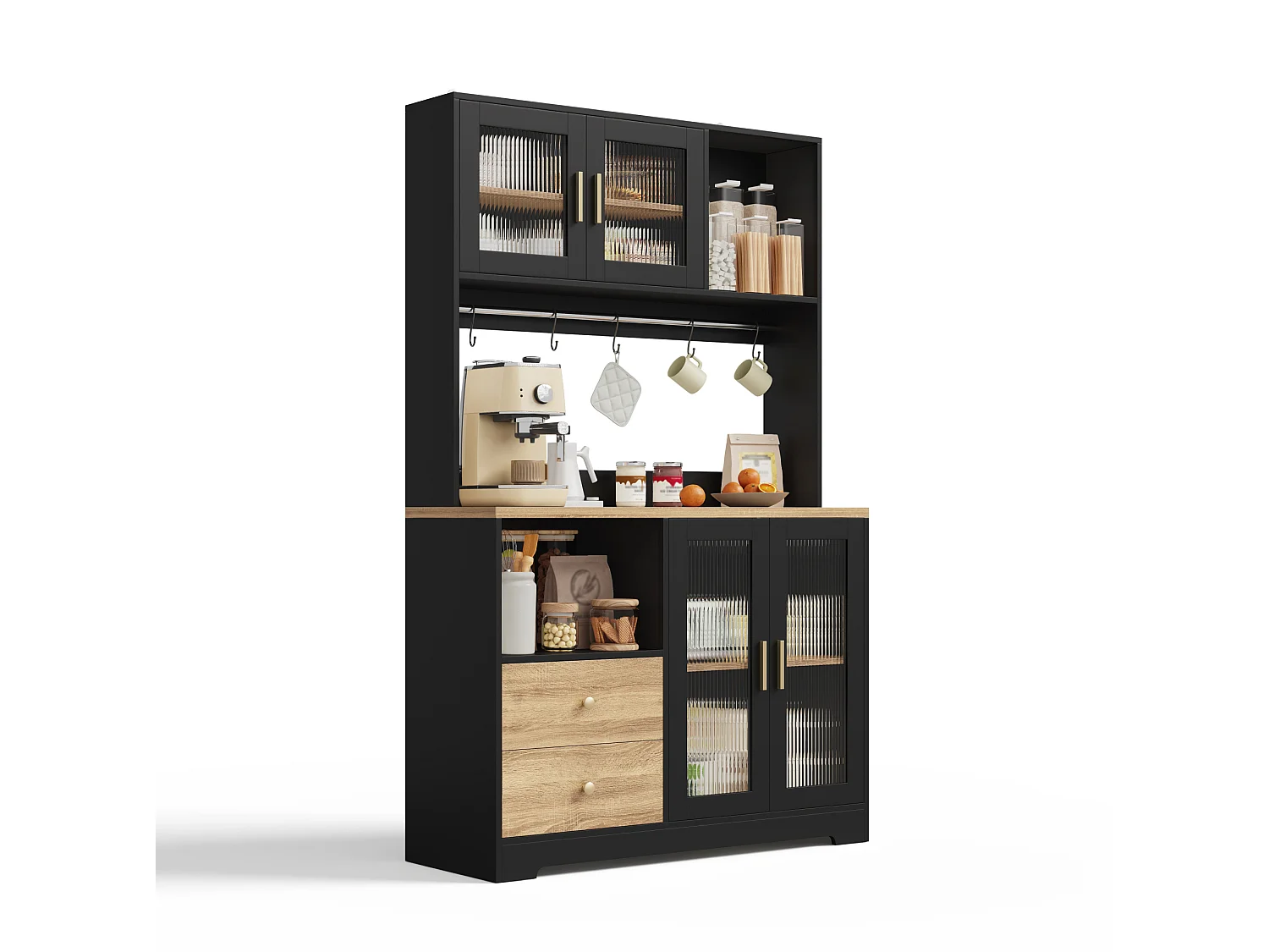 Buffet de cuisine noir et bois avec LED, USB, 2 tiroirs et 4 portes en verre