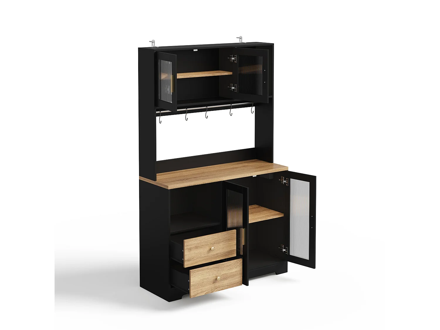 Buffet de cuisine noir et bois avec LED, USB, 2 tiroirs et 4 portes en verre