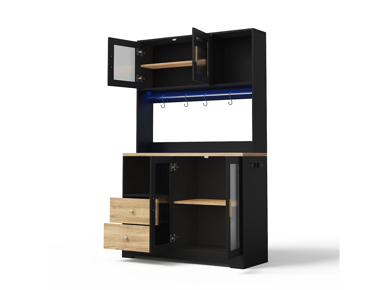 Buffet de cuisine noir et bois avec LED, USB, 2 tiroirs et 4 portes en verre