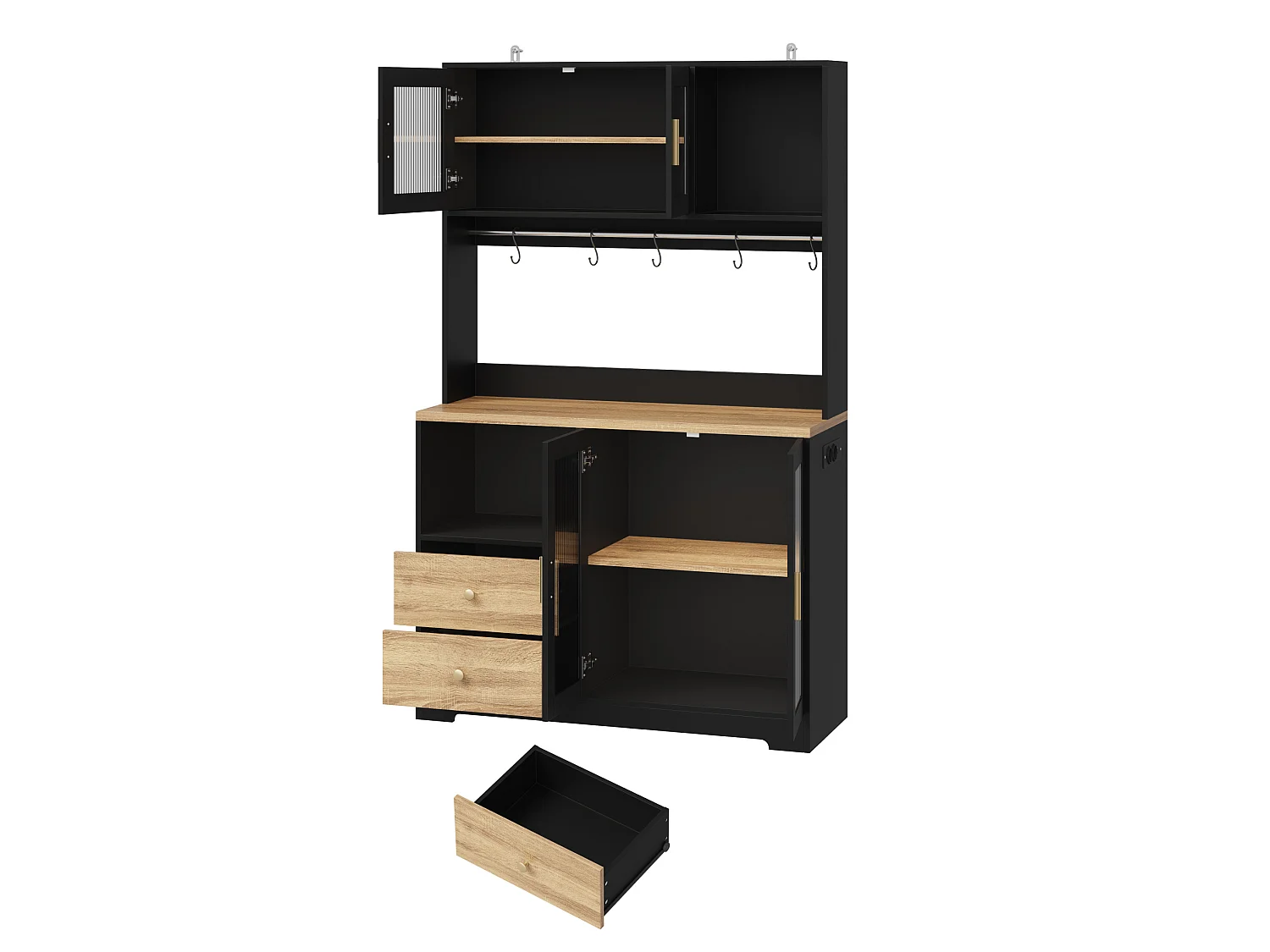 Buffet de cuisine noir et bois avec LED, USB, 2 tiroirs et 4 portes en verre