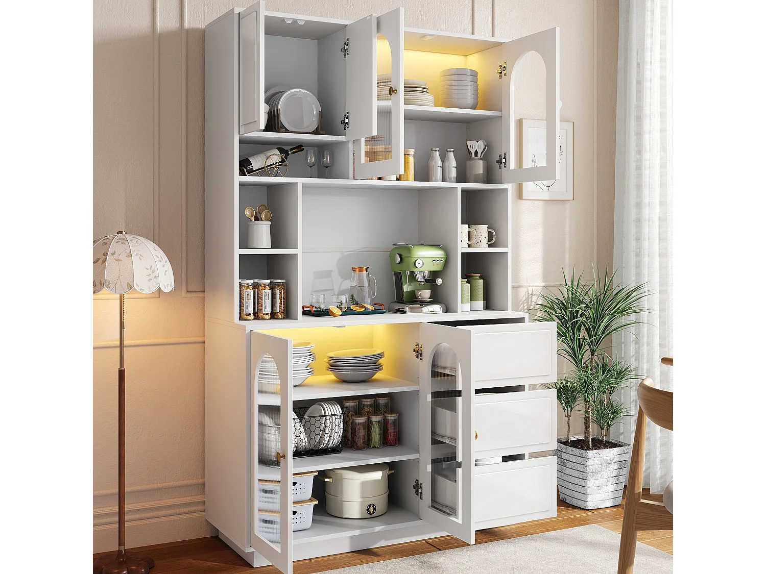 Buffet de cuisine avec portes acryliques, LED et 3 tiroirs - Blanc