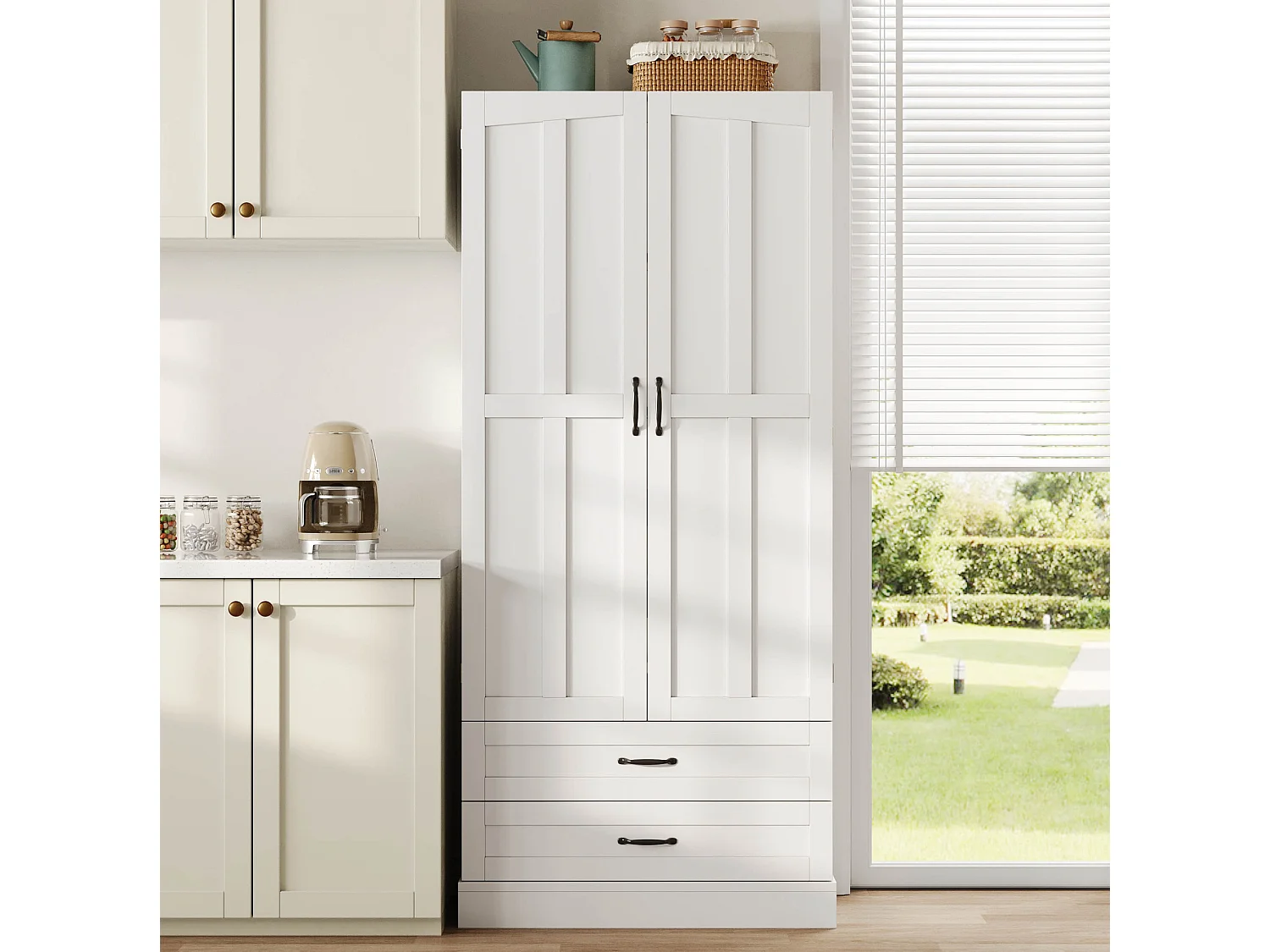 Meuble de cuisine avec 3 étagères coulissantes et 2 tiroirs - Blanc