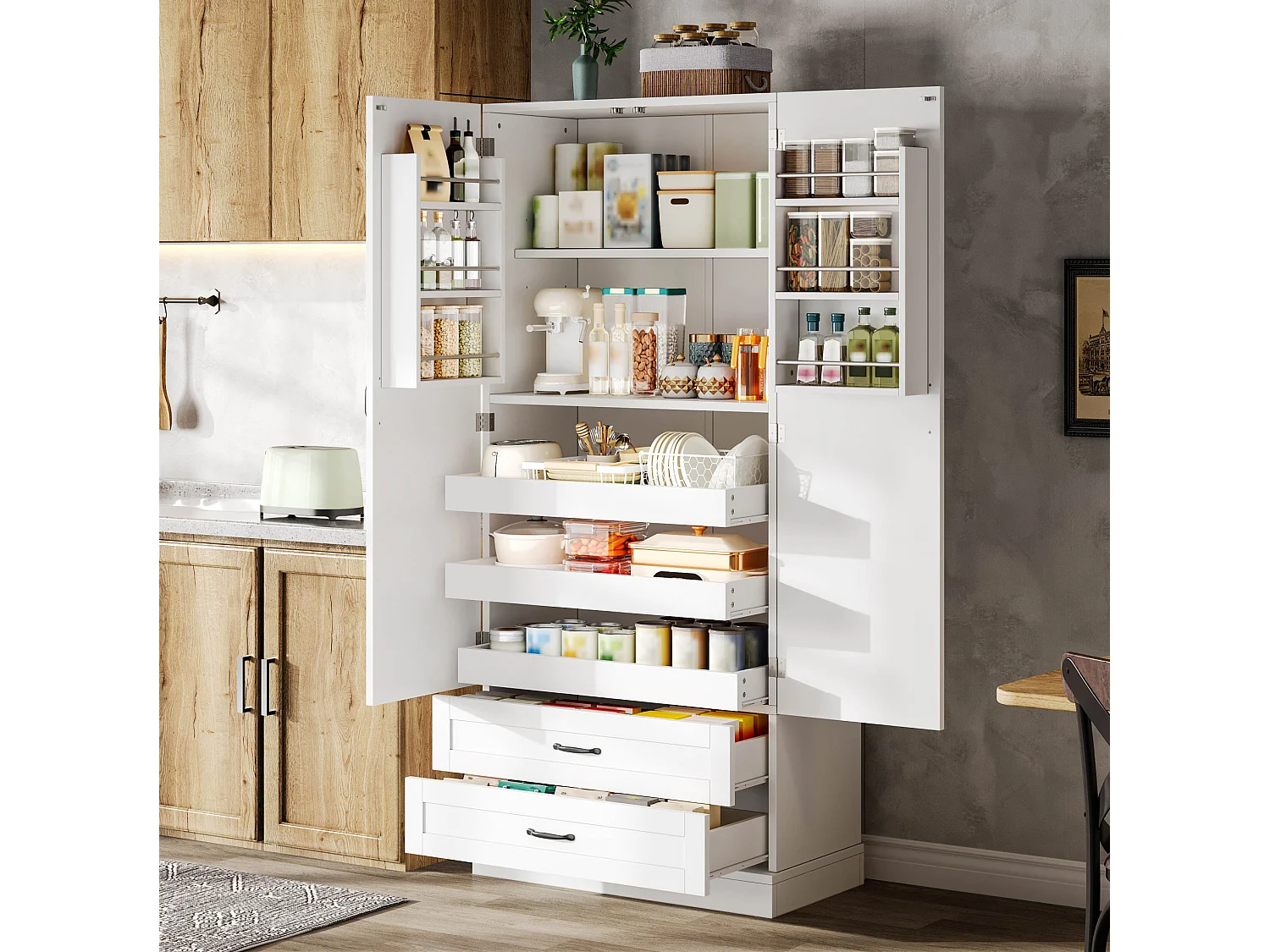 Meuble de cuisine avec 3 étagères coulissantes et 2 tiroirs - Blanc