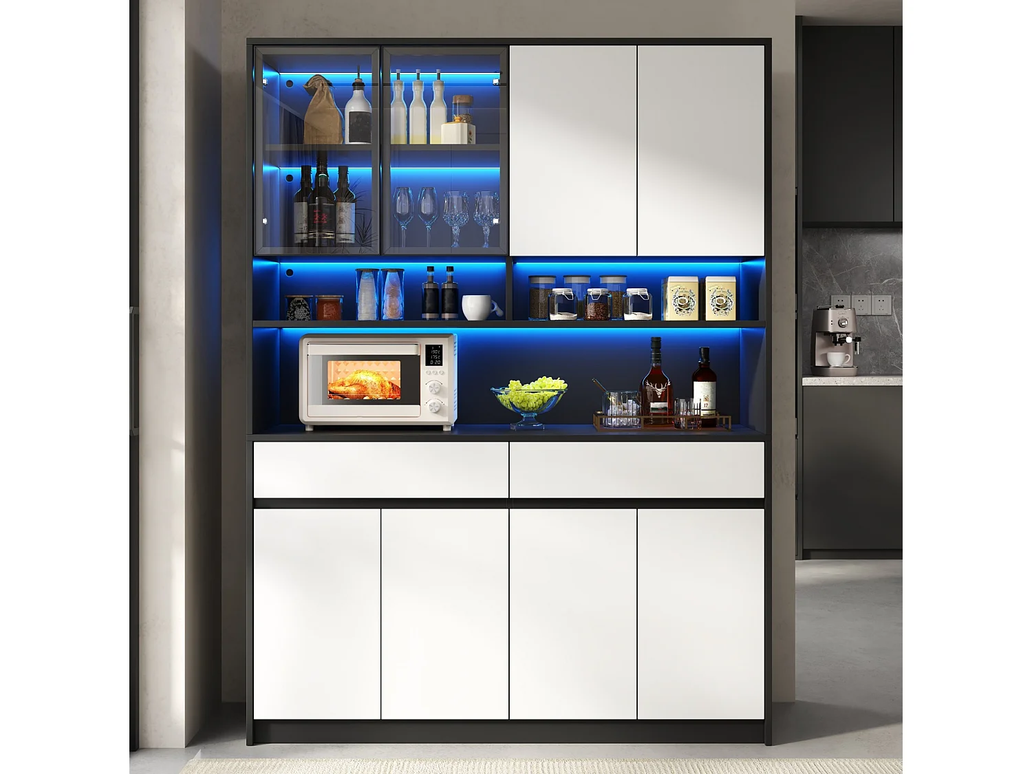 Buffet de cuisine haut 120x38x160 cm avec LED, 8 portes et 2 tiroirs - Blanc et noir