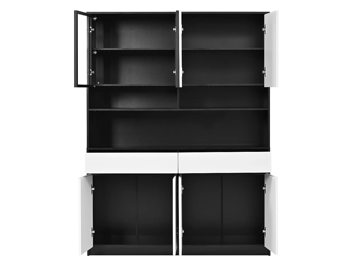 Buffet de cuisine haut 120x38x160 cm avec LED, 8 portes et 2 tiroirs - Blanc et noir