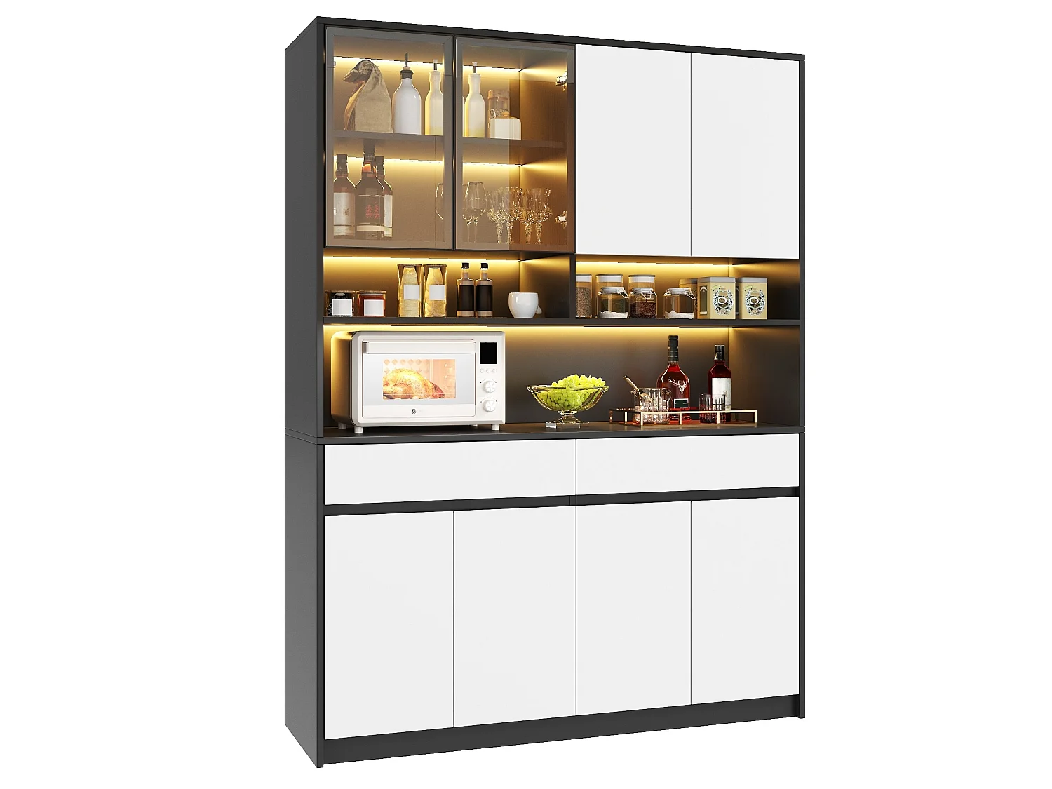 Buffet de cuisine haut 120x38x160 cm avec LED, 8 portes et 2 tiroirs - Blanc et noir