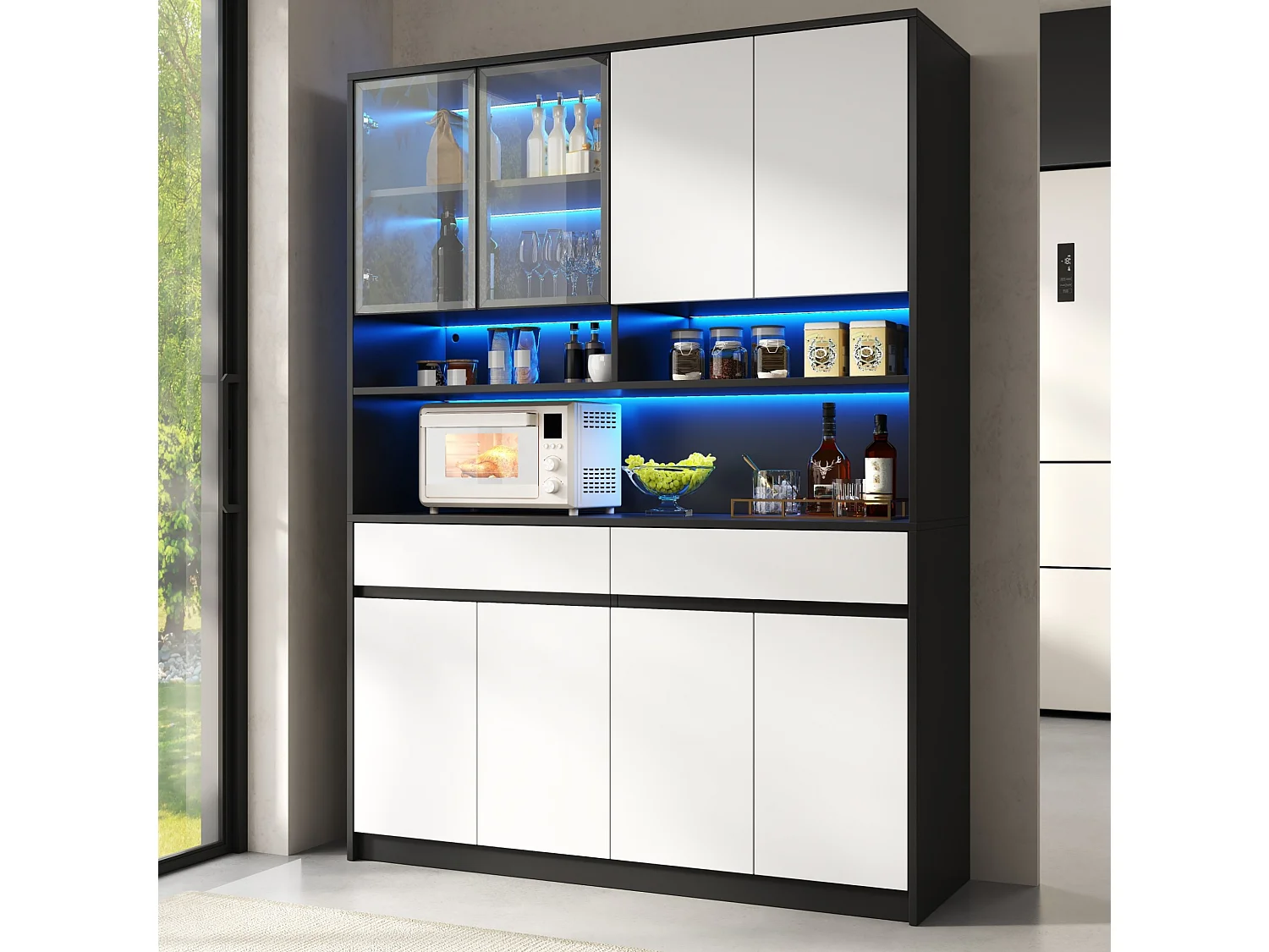 Buffet de cuisine haut 120x38x160 cm avec LED, 8 portes et 2 tiroirs - Blanc et noir