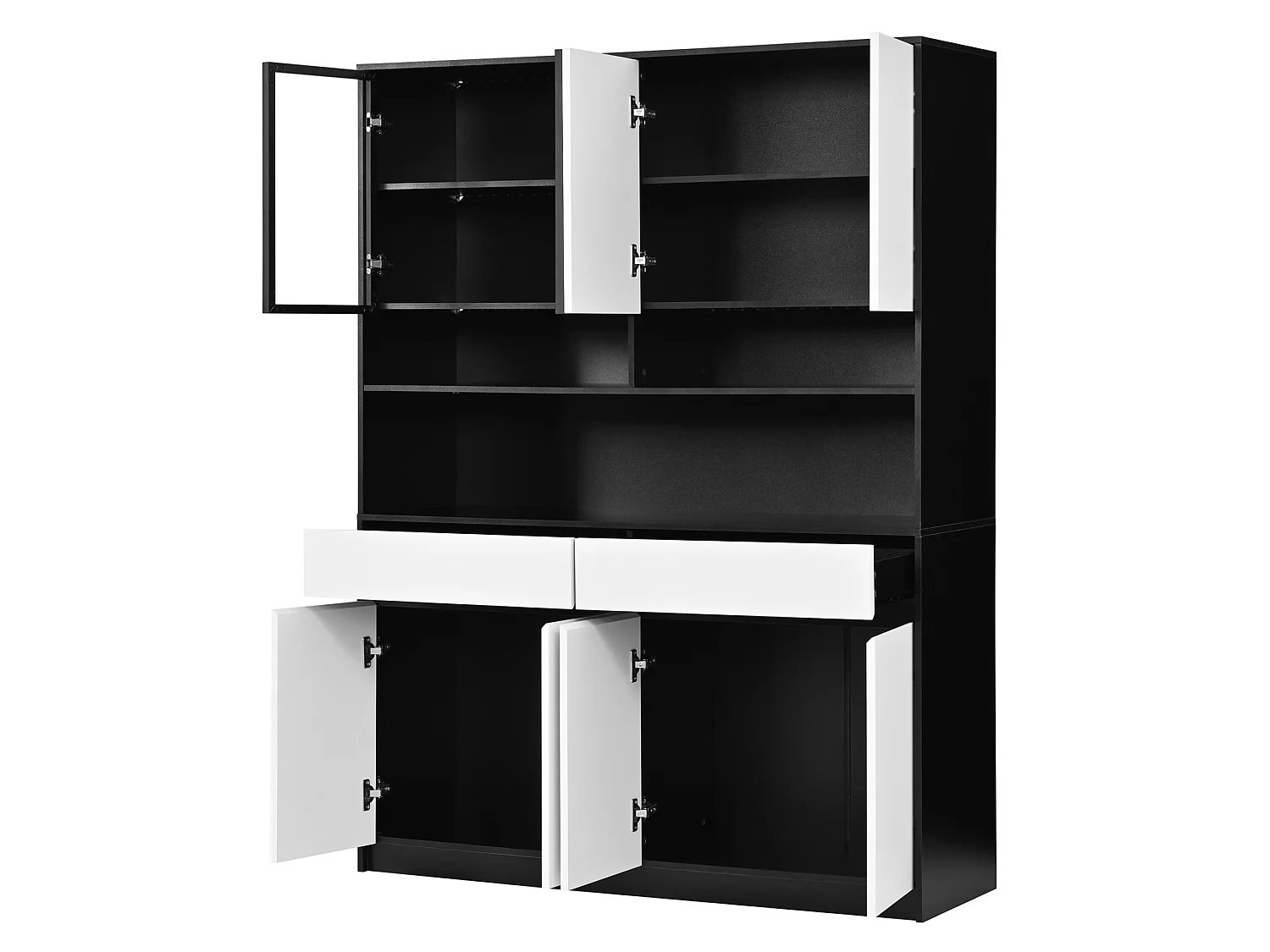 Buffet de cuisine haut 120x38x160 cm avec LED, 8 portes et 2 tiroirs - Blanc et noir