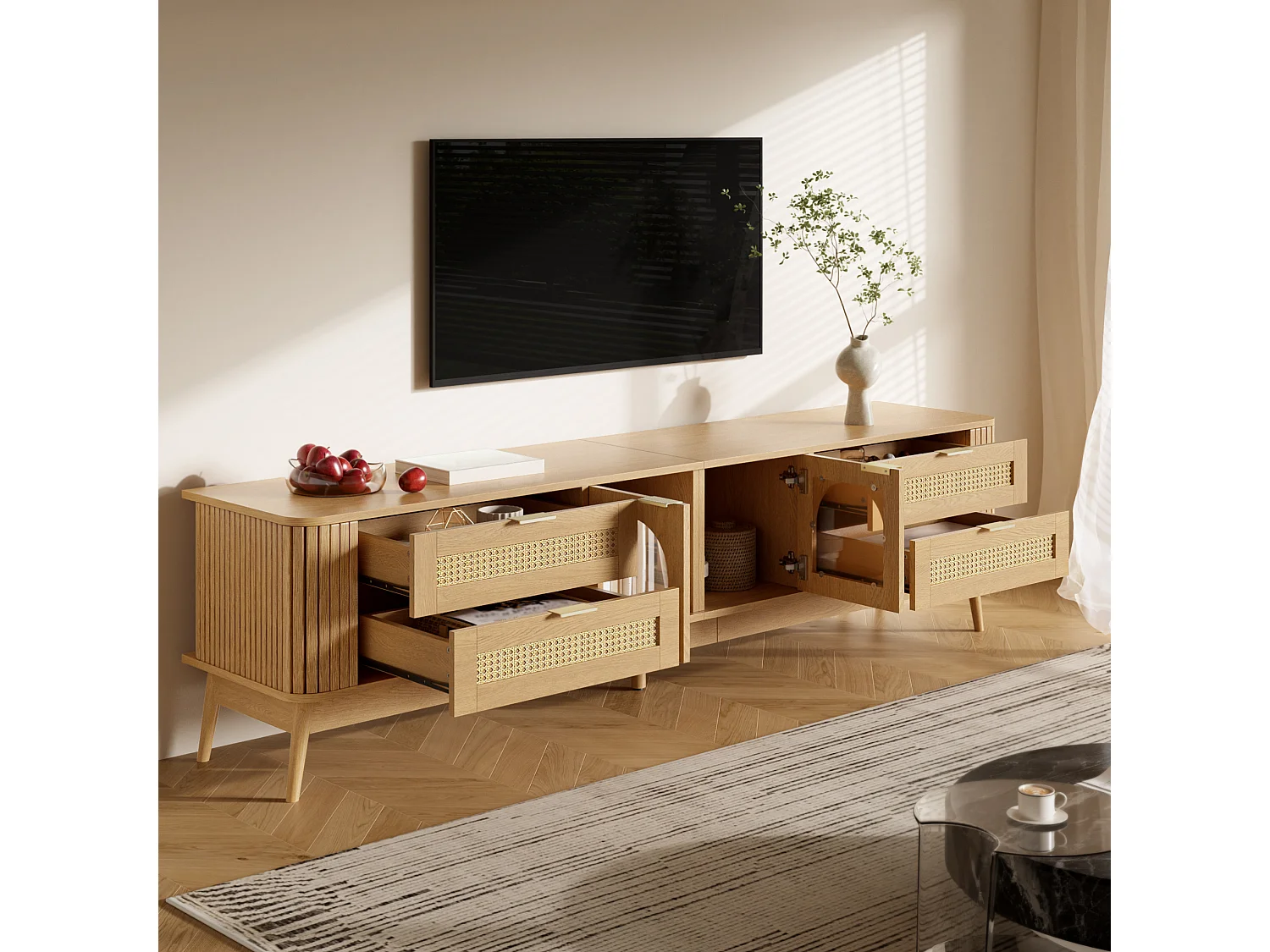 Mobile porta TV con 4 cassetti, 2 ante in vetro e illuminazione a LED - Naturale chiaro 180 x 40 x 50 cm