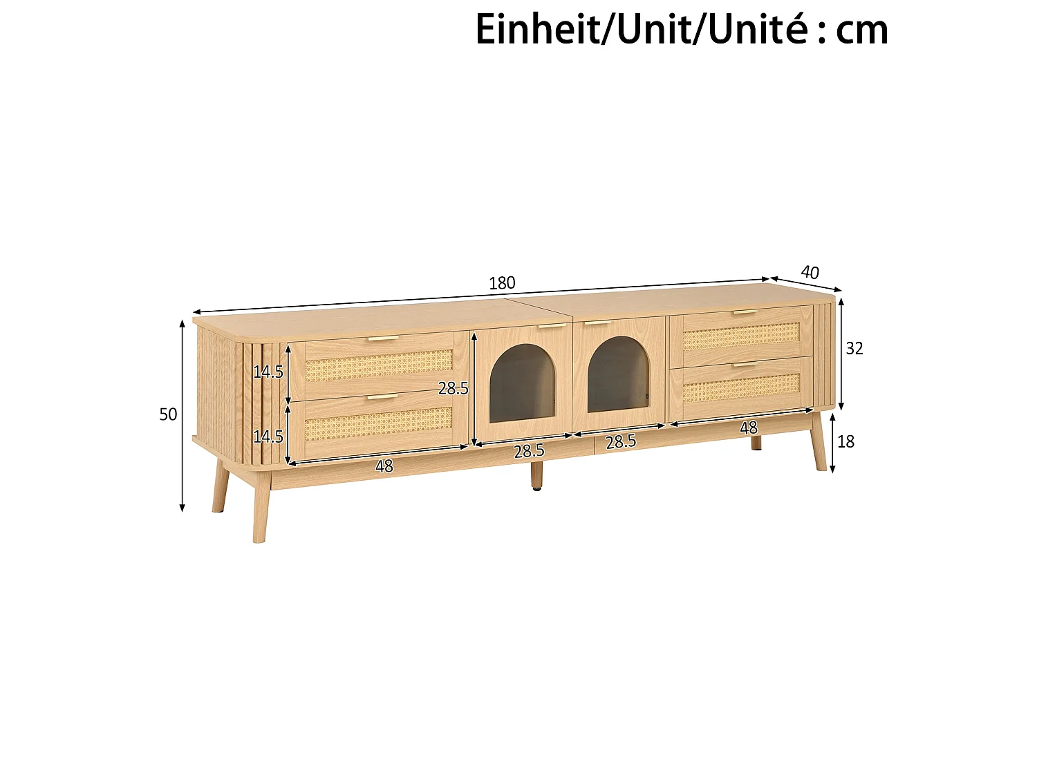 Mobile porta TV con 4 cassetti, 2 ante in vetro e illuminazione a LED - Naturale chiaro 180 x 40 x 50 cm