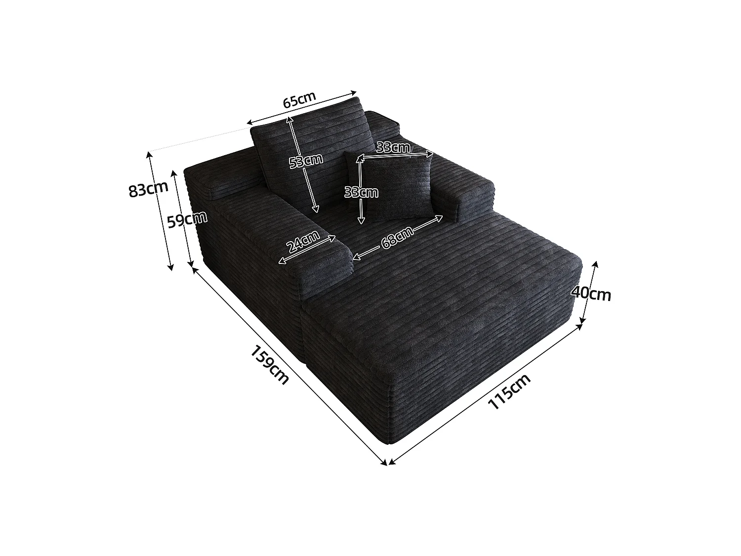 Méridienne simple en velours côtelé noir - Sans montage