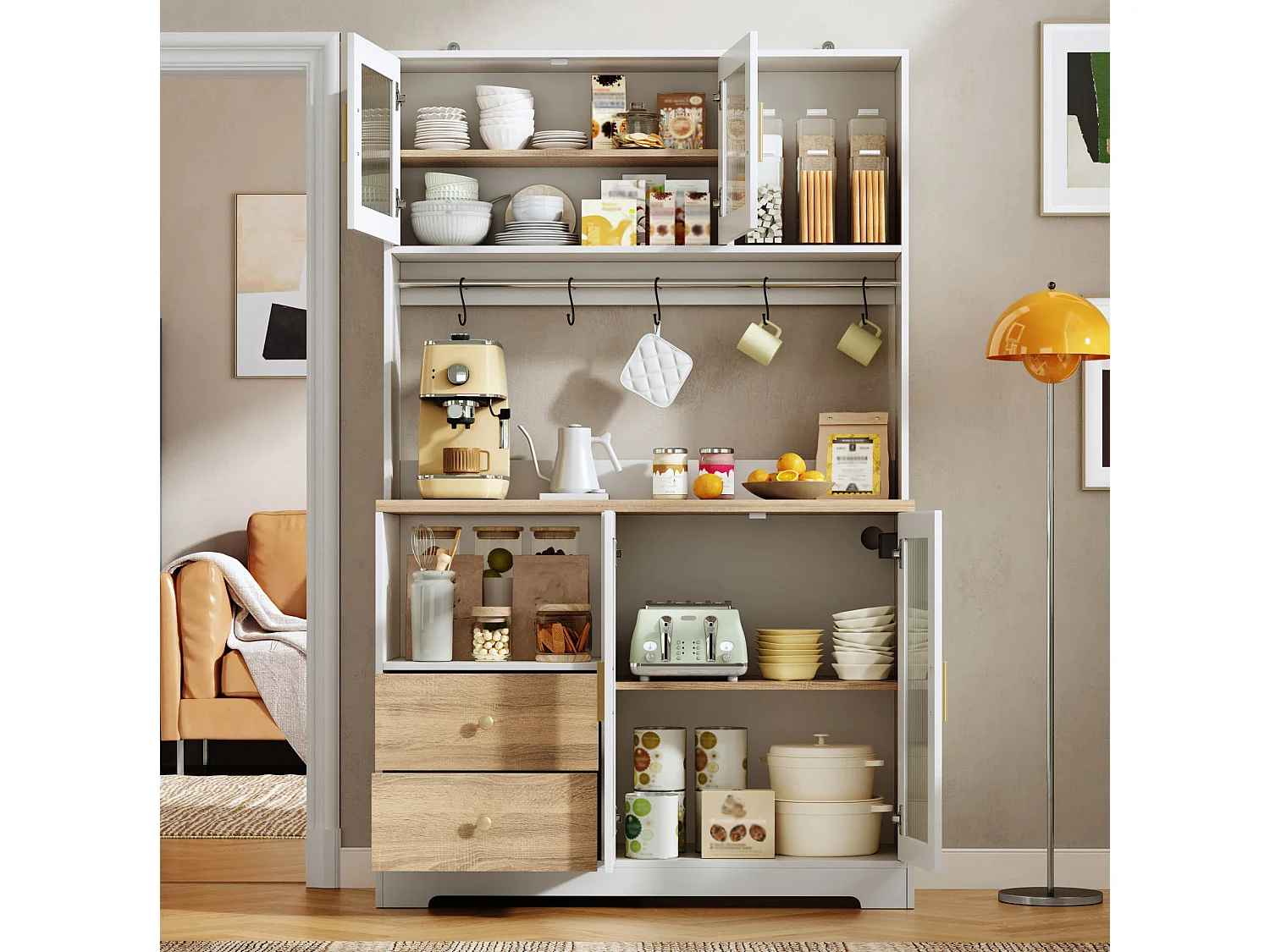 Buffet de cuisine avec LED, USB, 2 tiroirs et 4 portes en verre - Blanc et bois