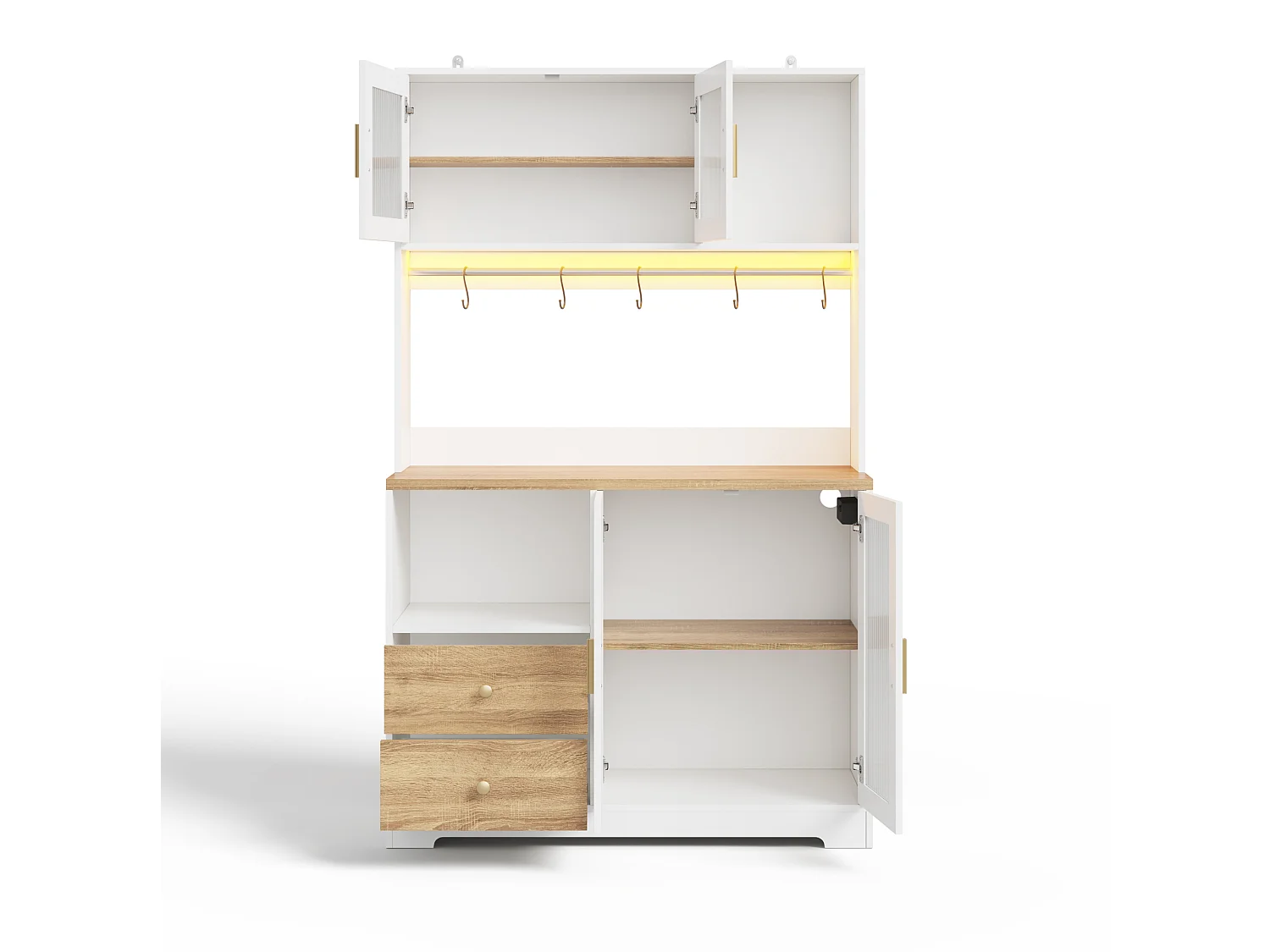 Buffet de cuisine avec LED, USB, 2 tiroirs et 4 portes en verre - Blanc et bois