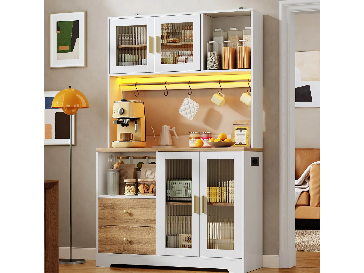 Buffet de cuisine avec LED, USB, 2 tiroirs et 4 portes en verre - Blanc et bois