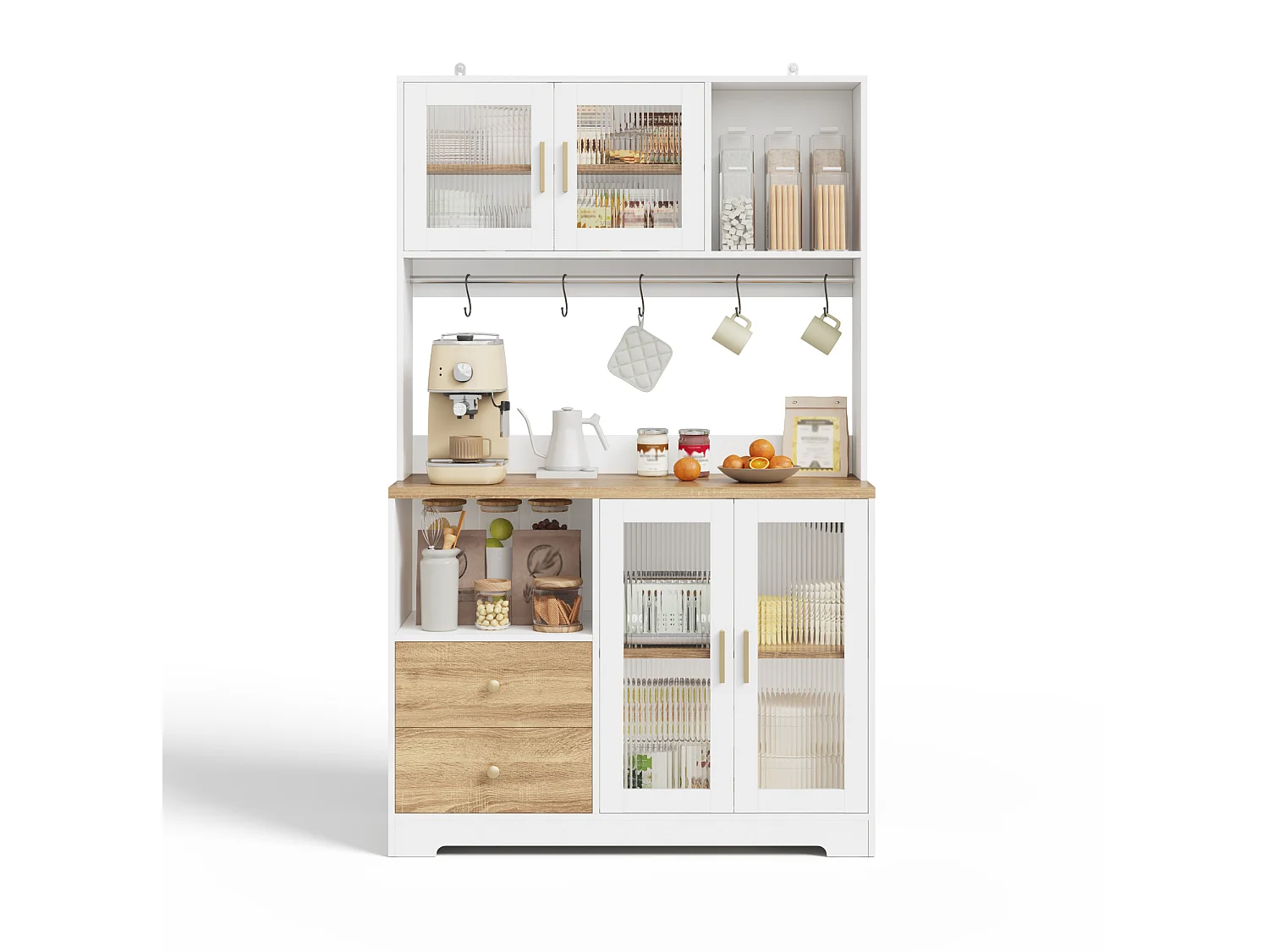 Buffet de cuisine avec LED, USB, 2 tiroirs et 4 portes en verre - Blanc et bois