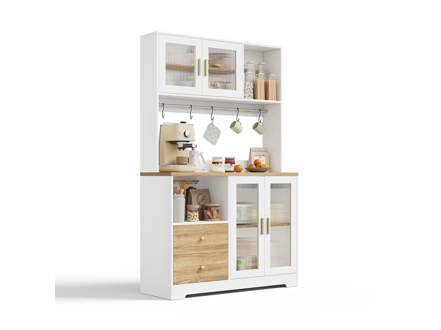 Buffet de cuisine avec LED, USB, 2 tiroirs et 4 portes en verre - Blanc et bois