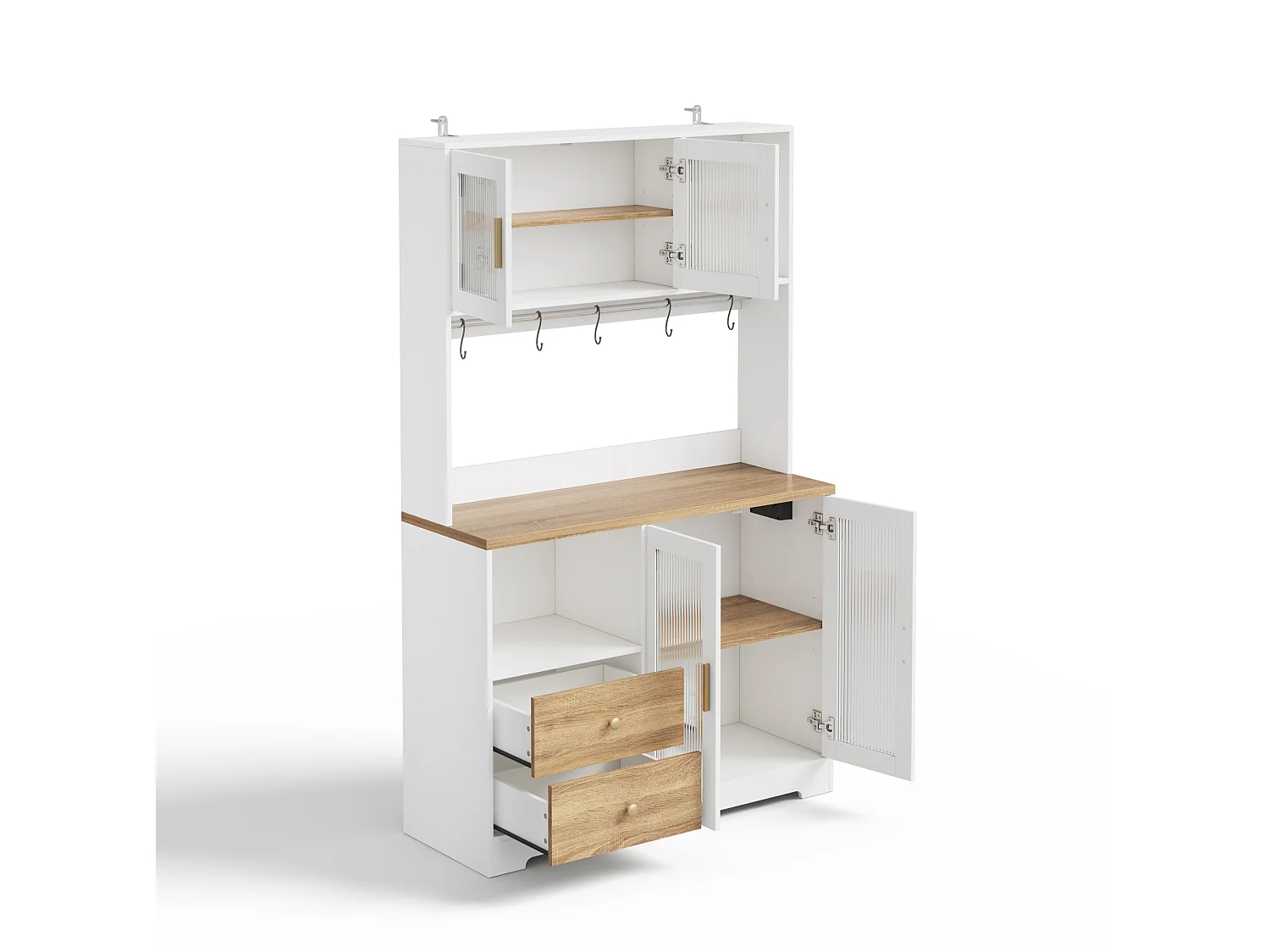 Buffet de cuisine avec LED, USB, 2 tiroirs et 4 portes en verre - Blanc et bois