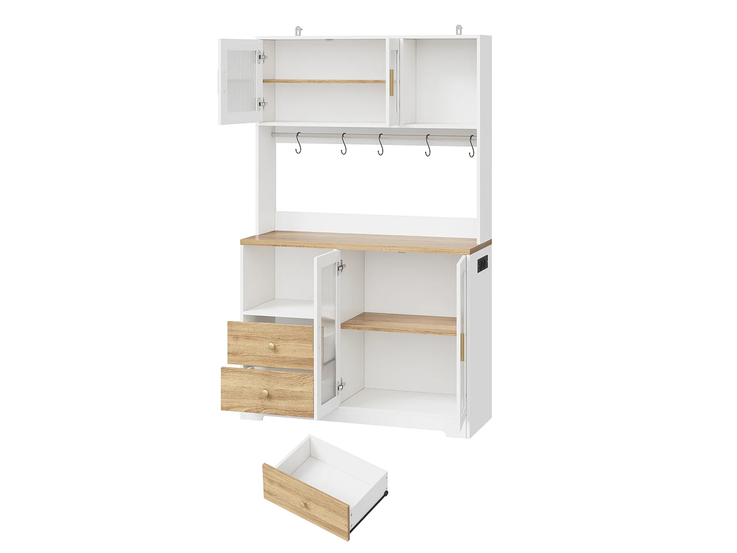 Buffet de cuisine avec LED, USB, 2 tiroirs et 4 portes en verre - Blanc et bois