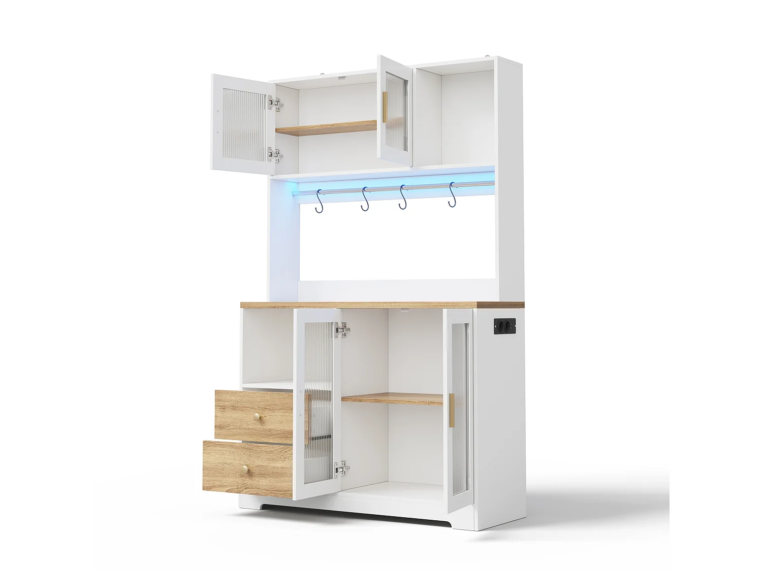 Buffet de cuisine avec LED, USB, 2 tiroirs et 4 portes en verre - Blanc et bois