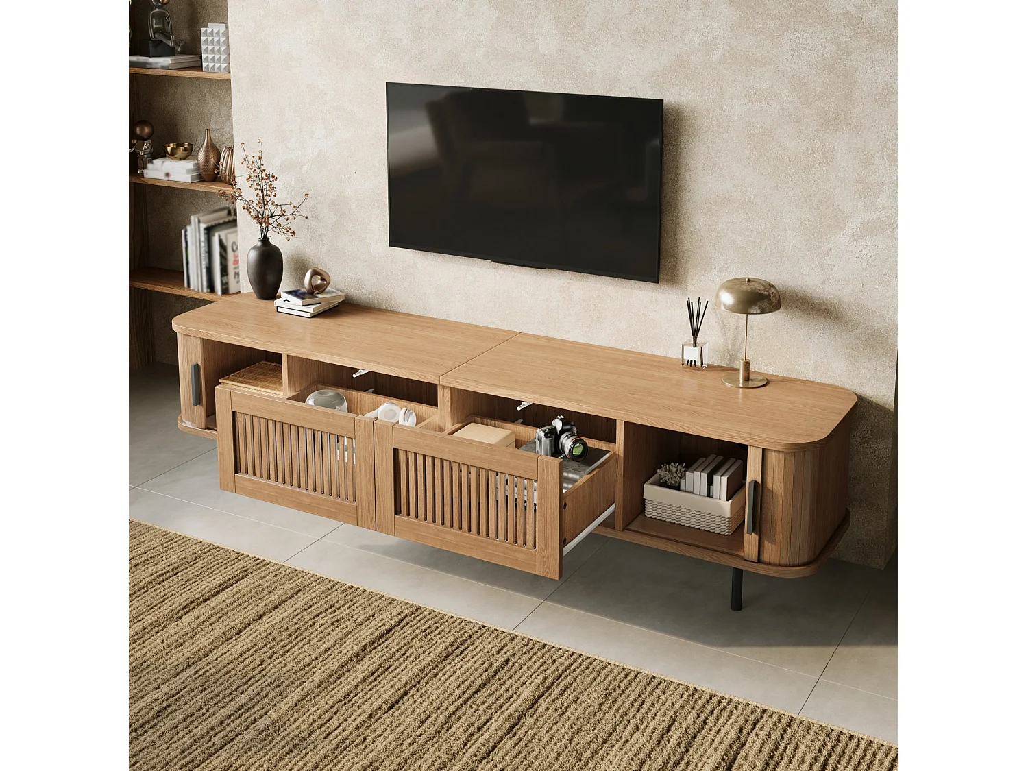 Meuble TV avec 2 tiroirs et 2 portes coulissantes - Naturel clair