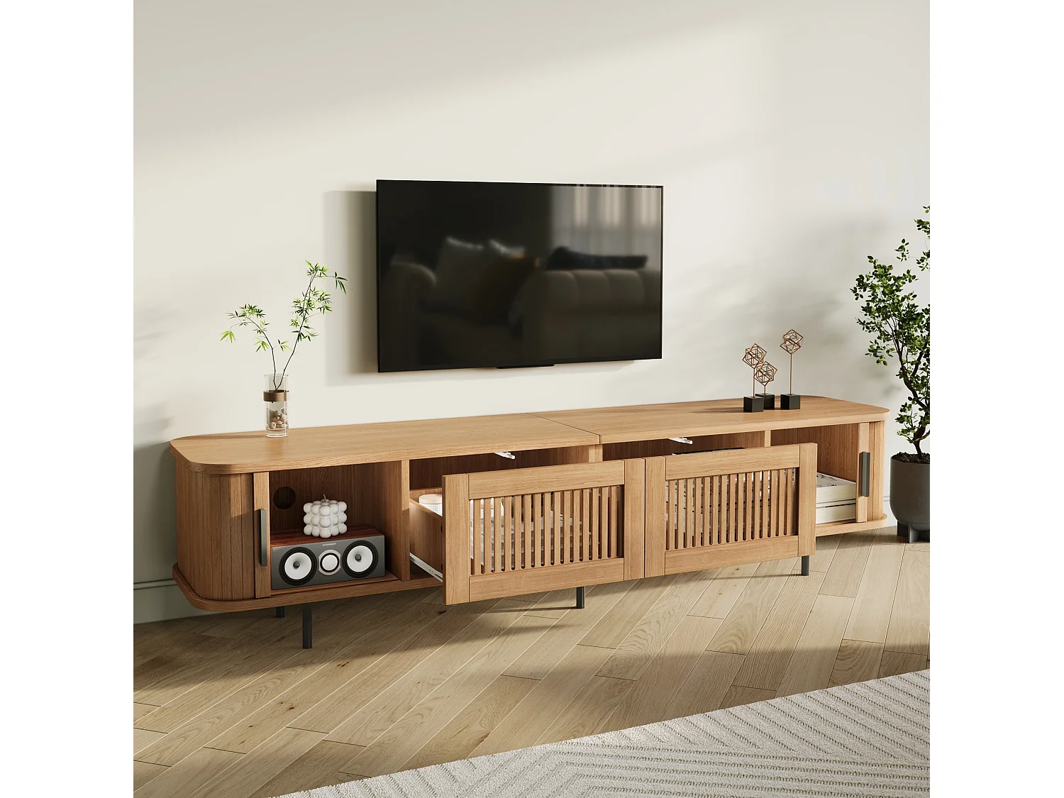 Meuble TV avec 2 tiroirs et 2 portes coulissantes - Naturel clair