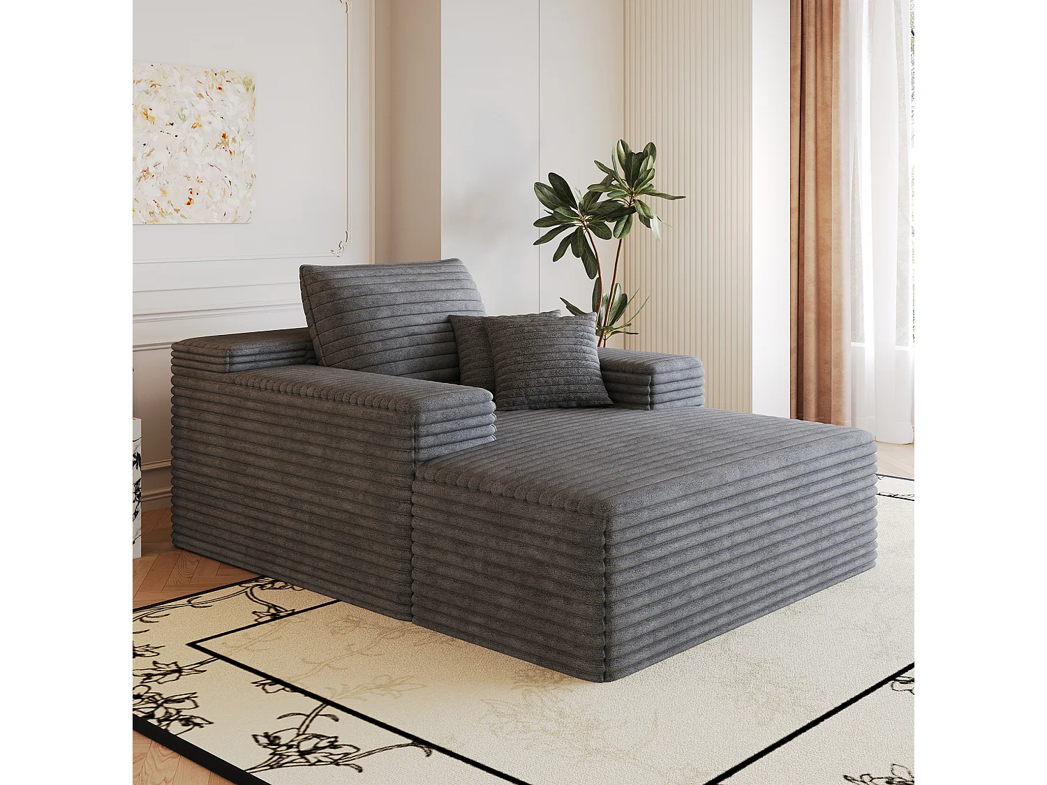 Méridienne simple en velours côtelé gris - Sans montage