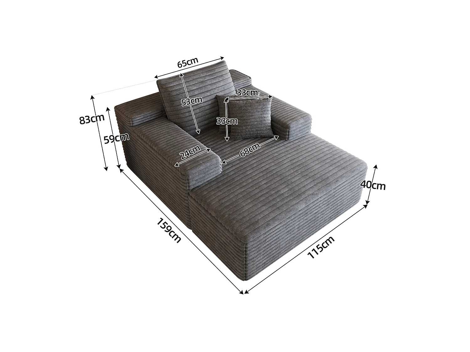 Méridienne simple en velours côtelé gris - Sans montage