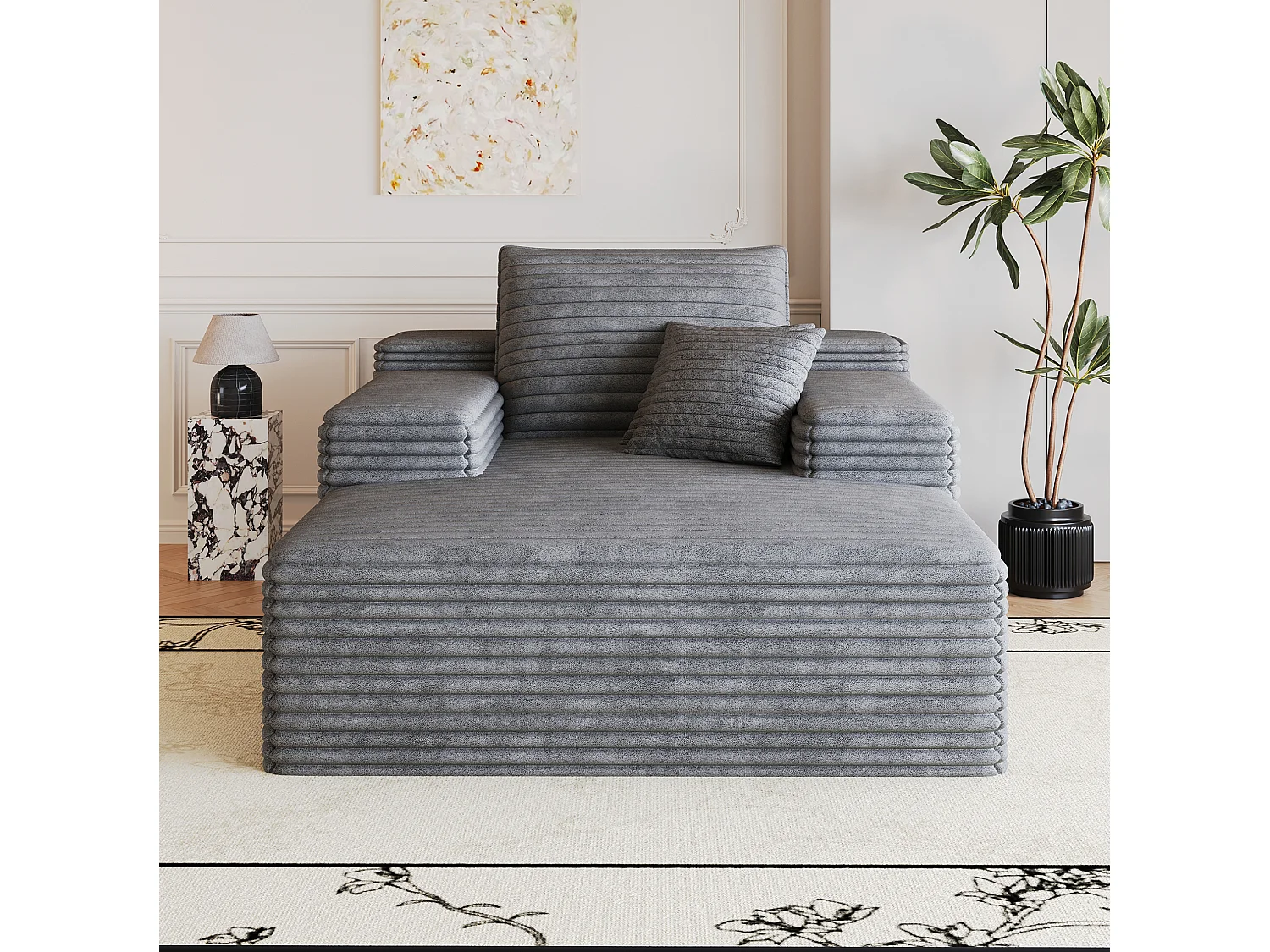 Méridienne simple en velours côtelé gris - Sans montage
