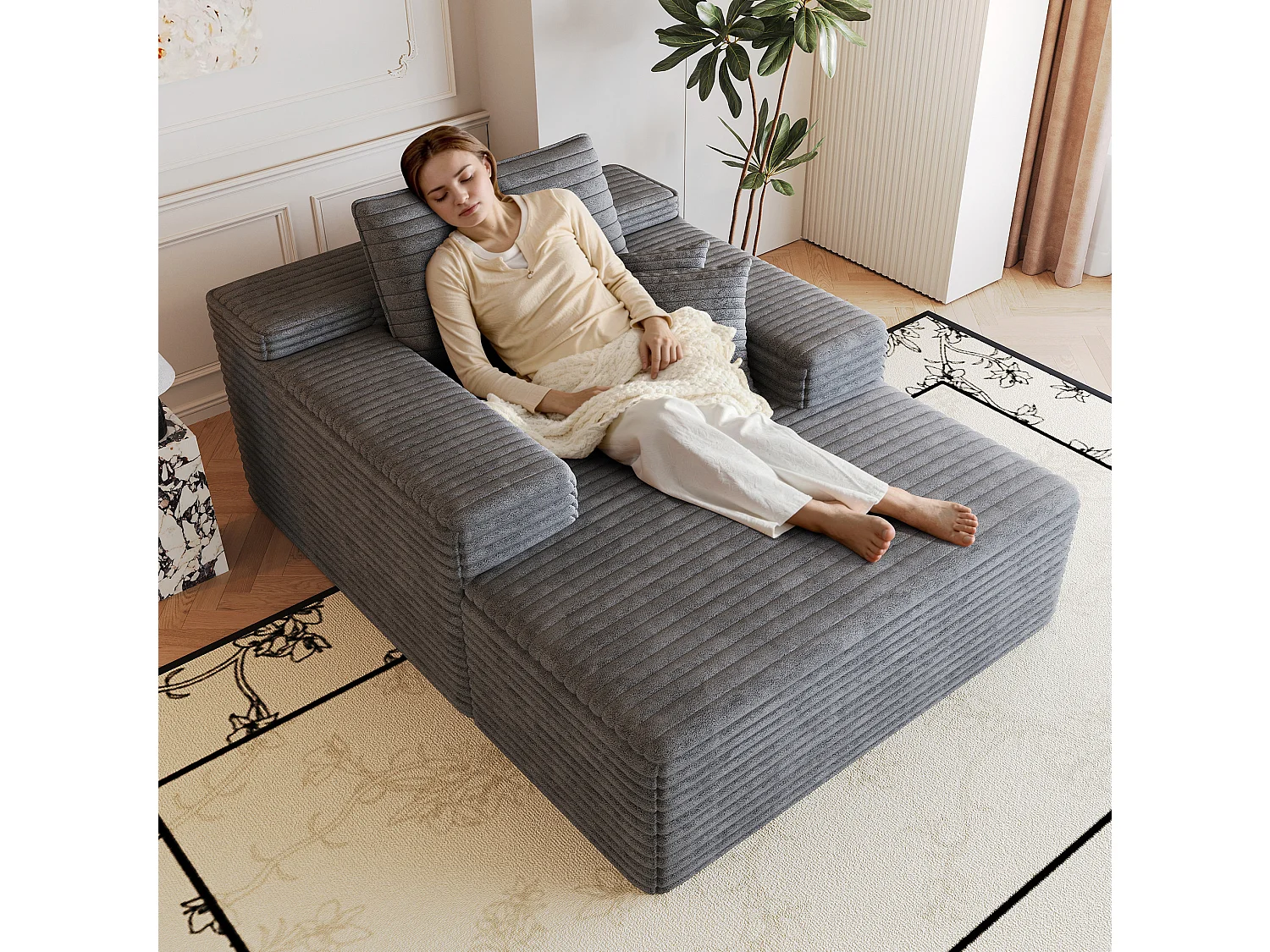 Méridienne simple en velours côtelé gris - Sans montage