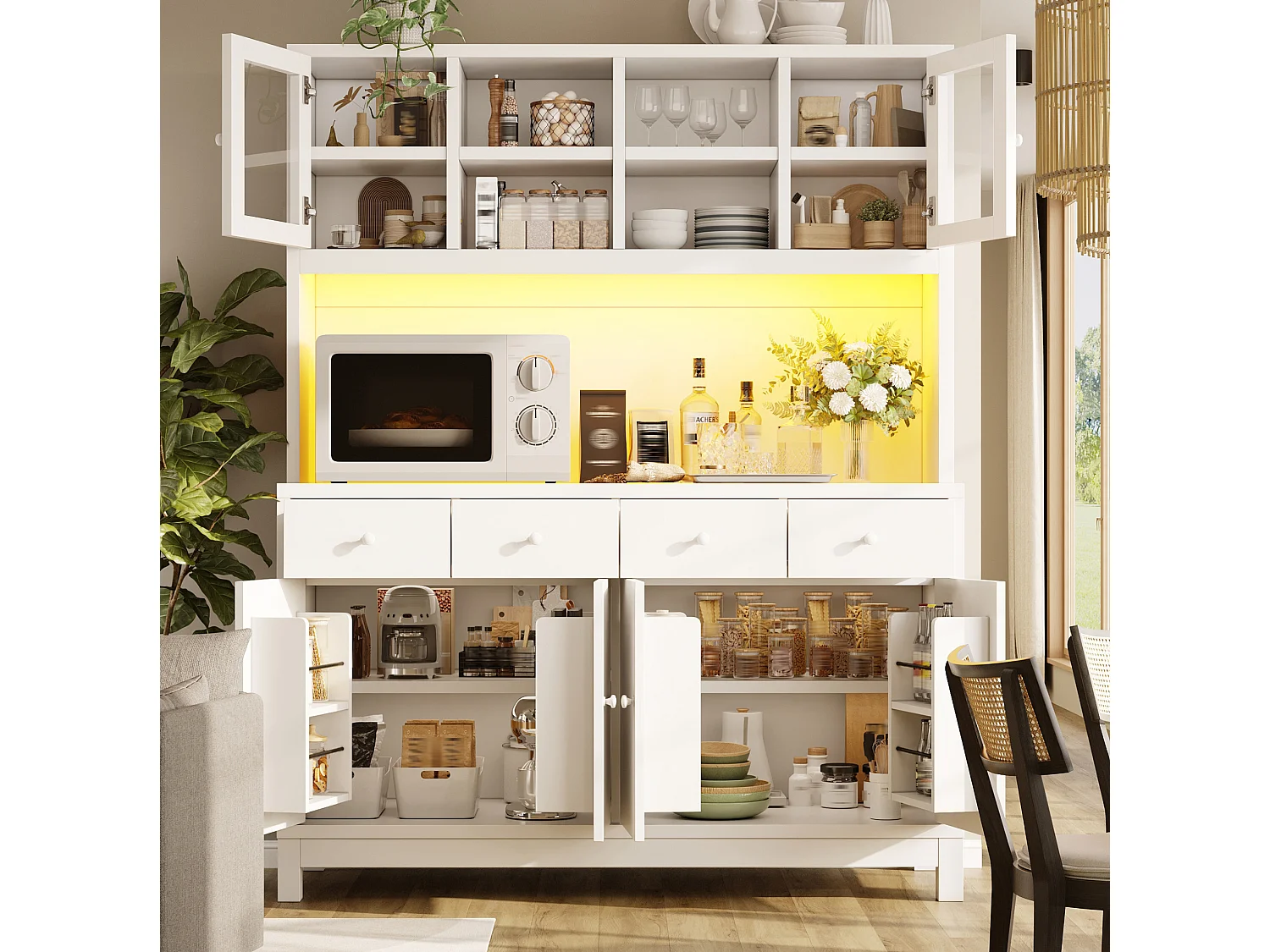 Keukendressoir 140 x 40 x 180 cm met LED-verlichting, 6 deuren en 4 lades - Wit