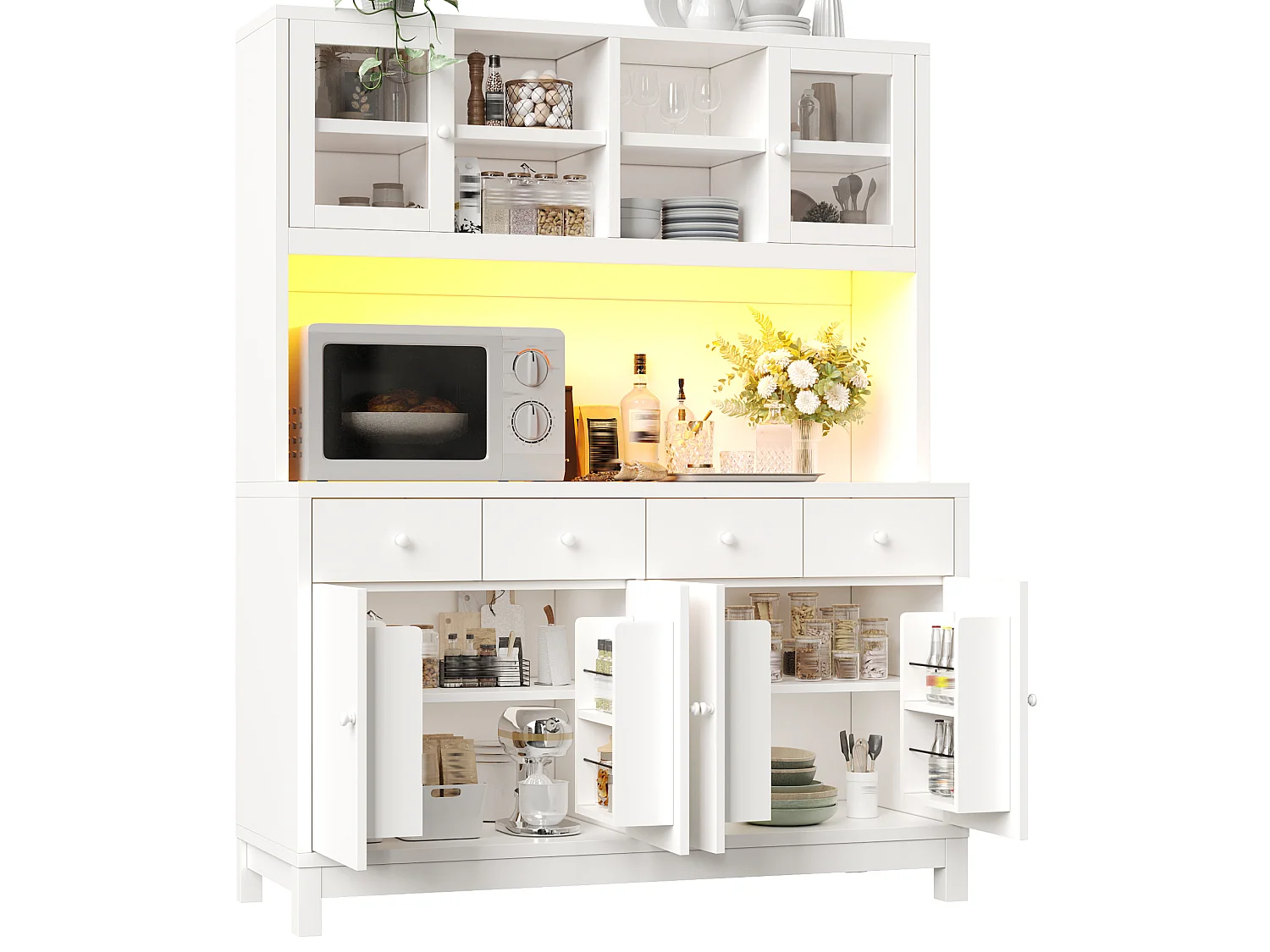 Keukendressoir 140 x 40 x 180 cm met LED-verlichting, 6 deuren en 4 lades - Wit