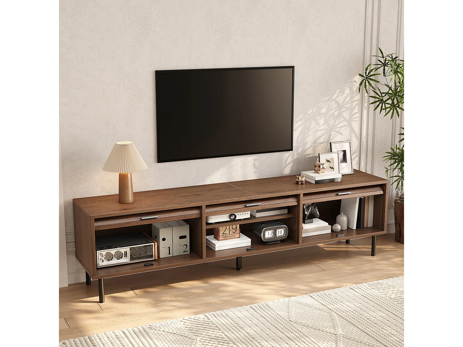 TV-meubel met 3 schuifdeuren - Metaal en MDF - Bruin en zwart
