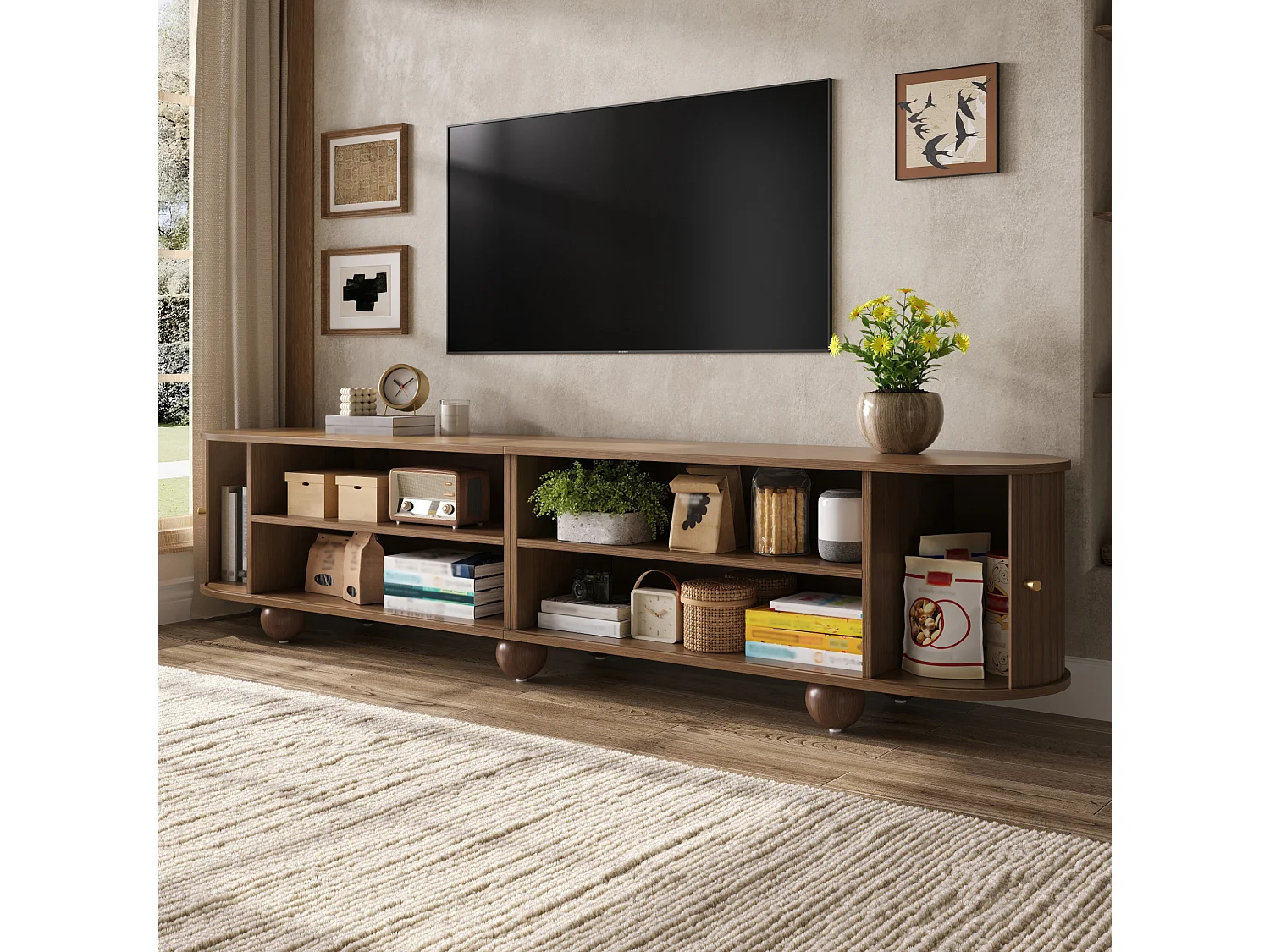 180 cm gebogen tv-meubel met schuifdeuren - Bruin