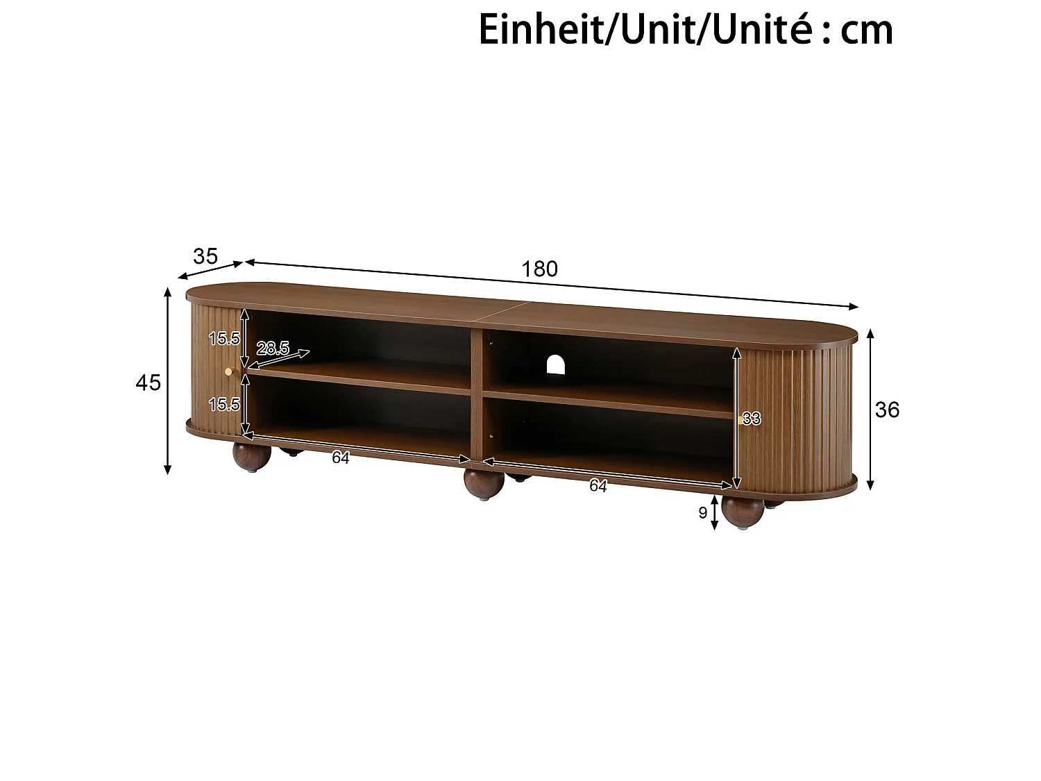 180 cm gebogen tv-meubel met schuifdeuren - Bruin