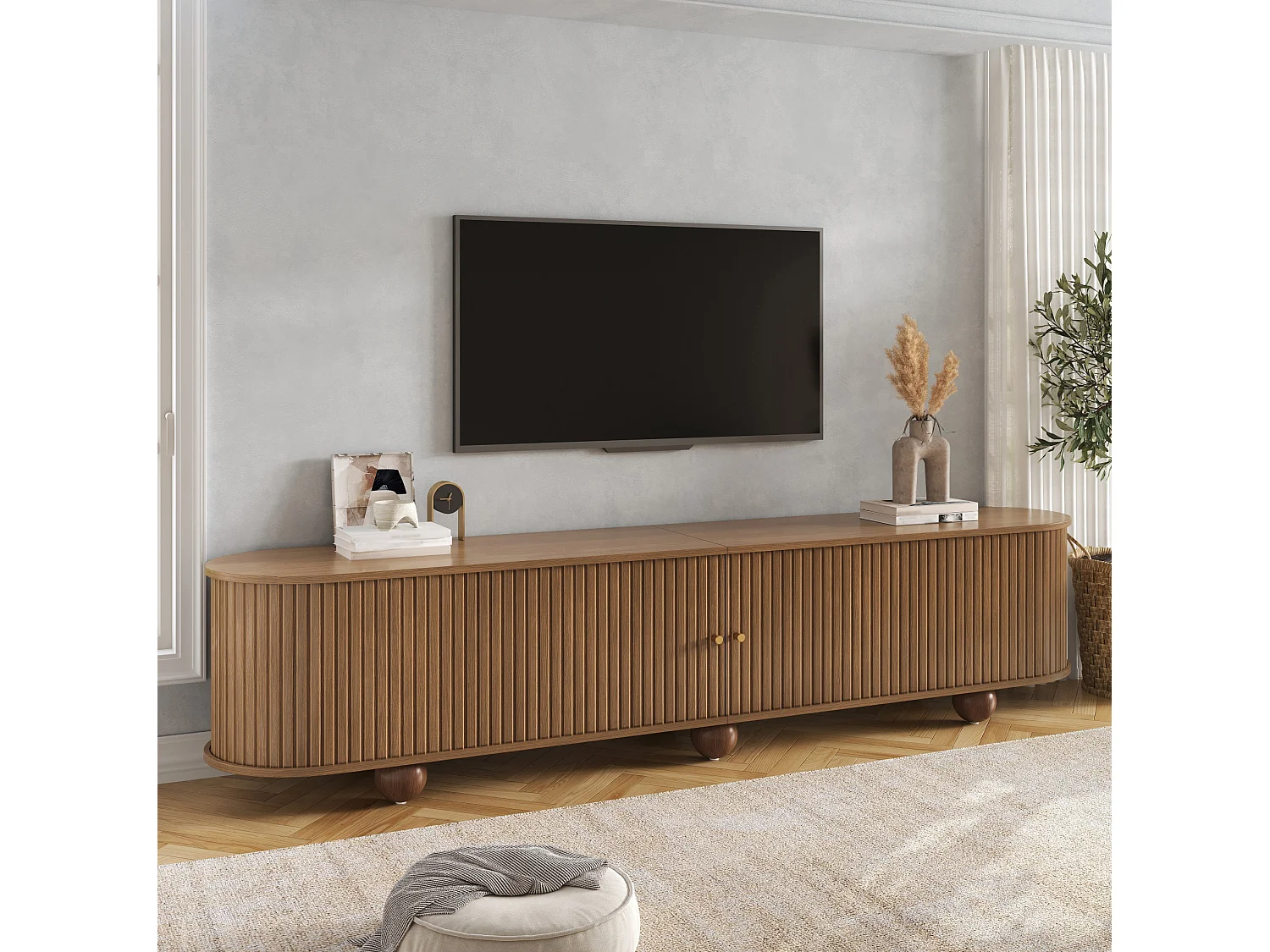 180 cm gebogen tv-meubel met schuifdeuren - Bruin