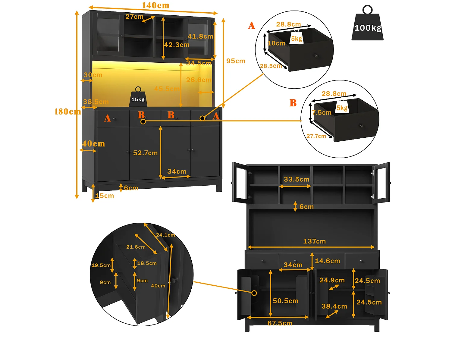 Keukendressoir 140 x 40 x 180 cm met LED-verlichting, 6 deuren en 4 lades - Zwart